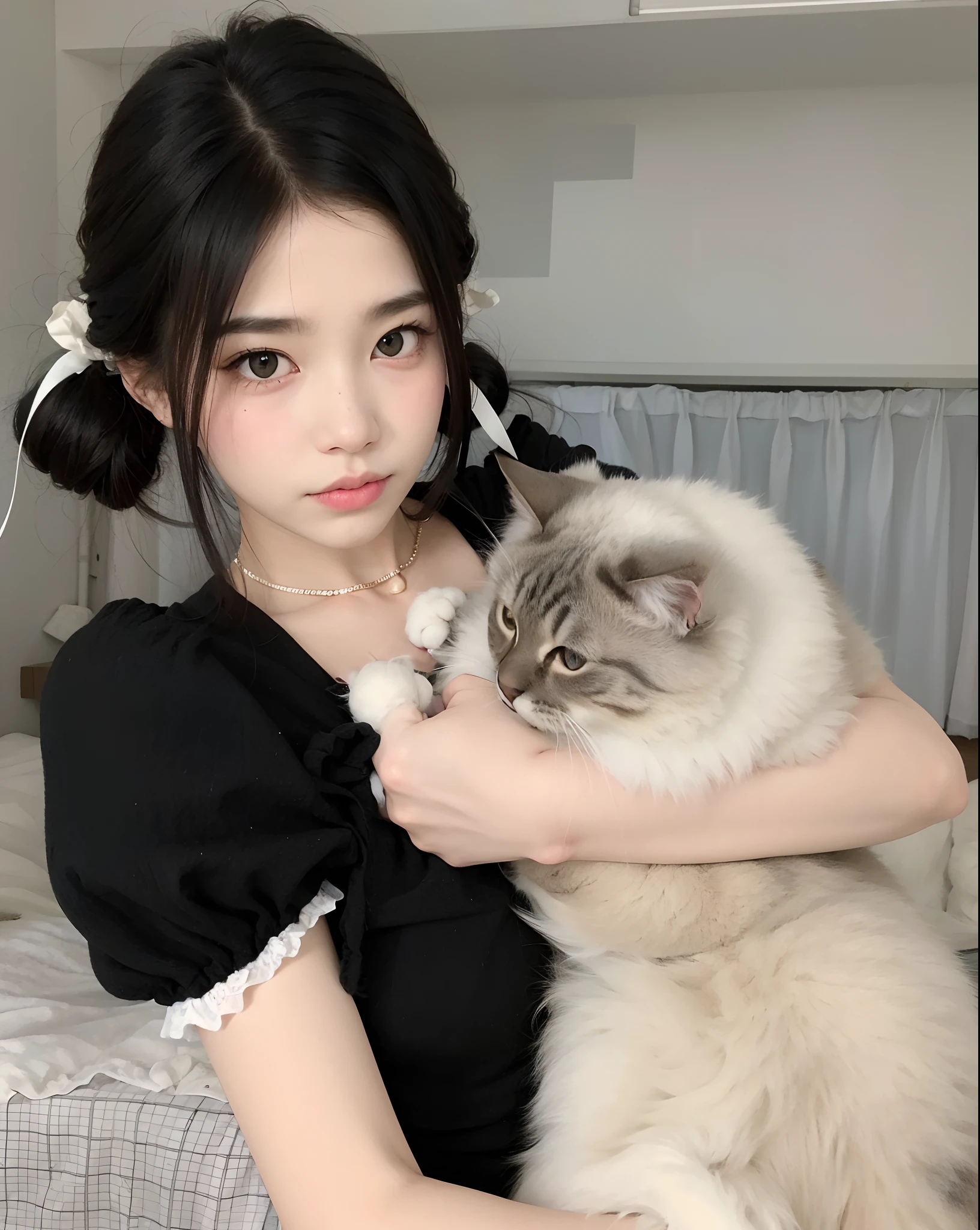 There's a woman holding a cat in her lap, muito bonita gatinha fofa, Ulzzang, Branco ( Gato ) garota, menina gato atraente, gatinha jovem bonita, com gato pequeno no colo, cruel korean goth girl, menina emo e seu gato, bochechas grandes segurando seu gato, com preto, menina do gato branco, there is a cat next to her