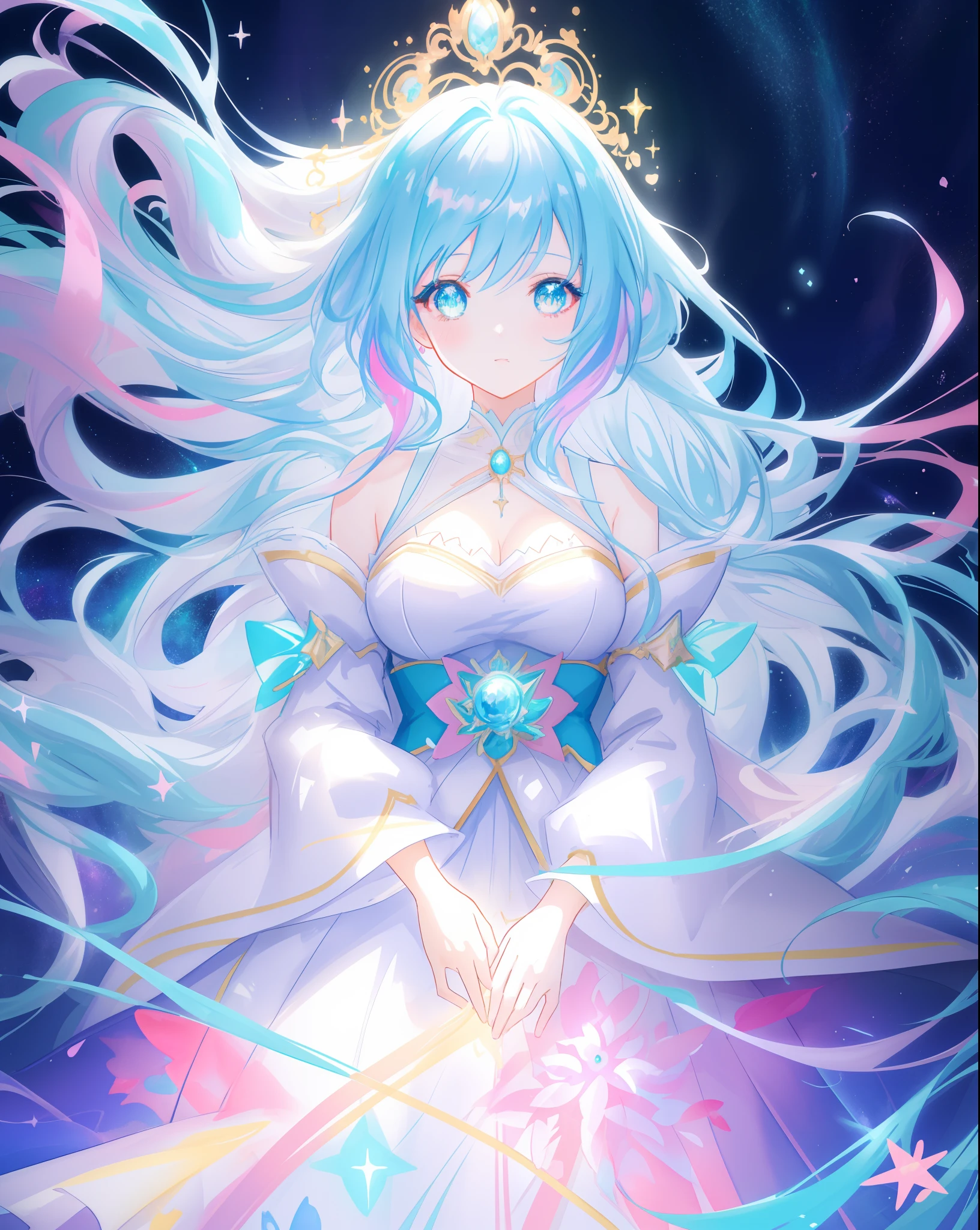beautiful anime girl in multi-layered ballgown with puffy long sleeves, vibrant pastel colors, (colorful), magical lights, colorful long hair made of liquid light, sparkling lines of light, inspired by Glen Keane, inspired by Lois van Baarle, disney art style, by Lois van Baarle, glowing aura around her, by Glen Keane, jen bartel, glowing lights! digital painting, flowing glowing hair, glowing flowing hair, beautiful digital illustration, fantasia background, whimsical, magical, fantasy, beautiful face, ((masterpiece, best quality)), intricate details, highly detailed, sharp focus, 8k resolution, sparkling detailed eyes, liquid watercolor