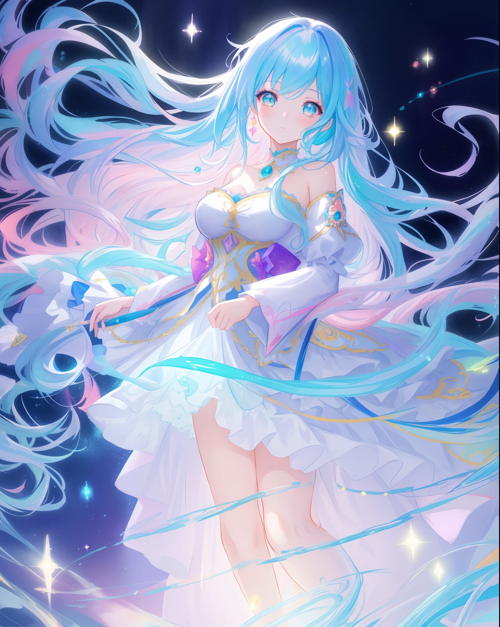beautiful girl, puffy tiered ballgown, vibrant pastel colors, (colorful), glowing golden long hair, magical lights, sparkling magical liquid, inspired by Glen Keane, inspired by Lois van Baarle, disney art style, by Lois van Baarle, glowing aura around her, by Glen Keane, jen bartel, glowing lights! digital painting, flowing glowing hair, glowing flowing hair, beautiful digital illustration, fantasia background, whimsical, magical, fantasy, ((beautiful face)), ((masterpiece, best quality)), intricate details, highly detailed, sharp focus, 8k resolution, sparkling detailed eyes, liquid watercolor