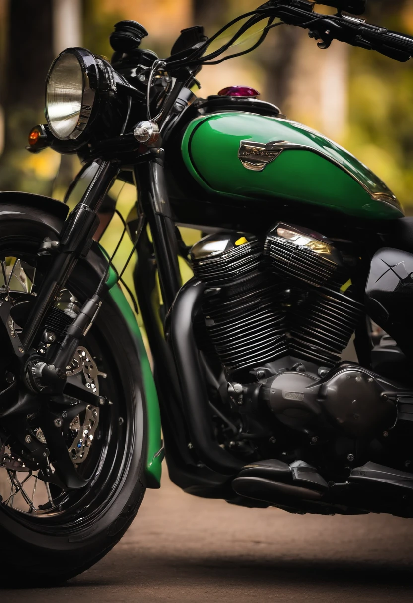 Moto preta,com raios de luz ,saindo de suas carenagens na cor ,vermelha,roxo, verde,azul ,amarelo.