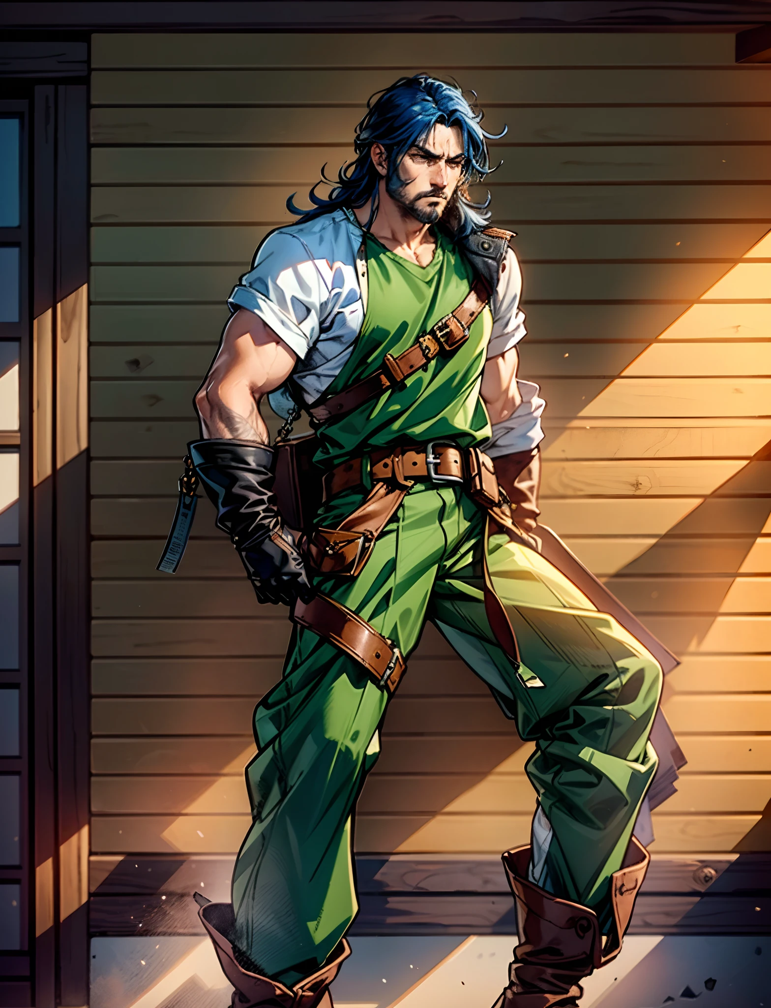 A man with thick long and lustrous blue hair, medium length hair, a melancholic gaze, a weary expression, fatigued and weary movements, a loose-fitting fantasy-style dockworker attire, gloves-style wrist guards on his hands, a belt around his waist, matching loose coarse pants, knee-high leather boots, he has long limbs, he stands within a wooden ship's cabin, with countless stacks of paper documents behind him, this character embodies a finely crafted fantasy-style sage in anime style, characterized by an exquisite and mature manga illustration art style, high definition, best quality, highres, ultra-detailed, ultra-fine painting, extremely delicate, professional, anatomically correct, symmetrical face, extremely detailed eyes and face, high quality eyes, creativity, RAW photo, UHD, 8k, Natural light, cinematic lighting, masterpiece:1.5