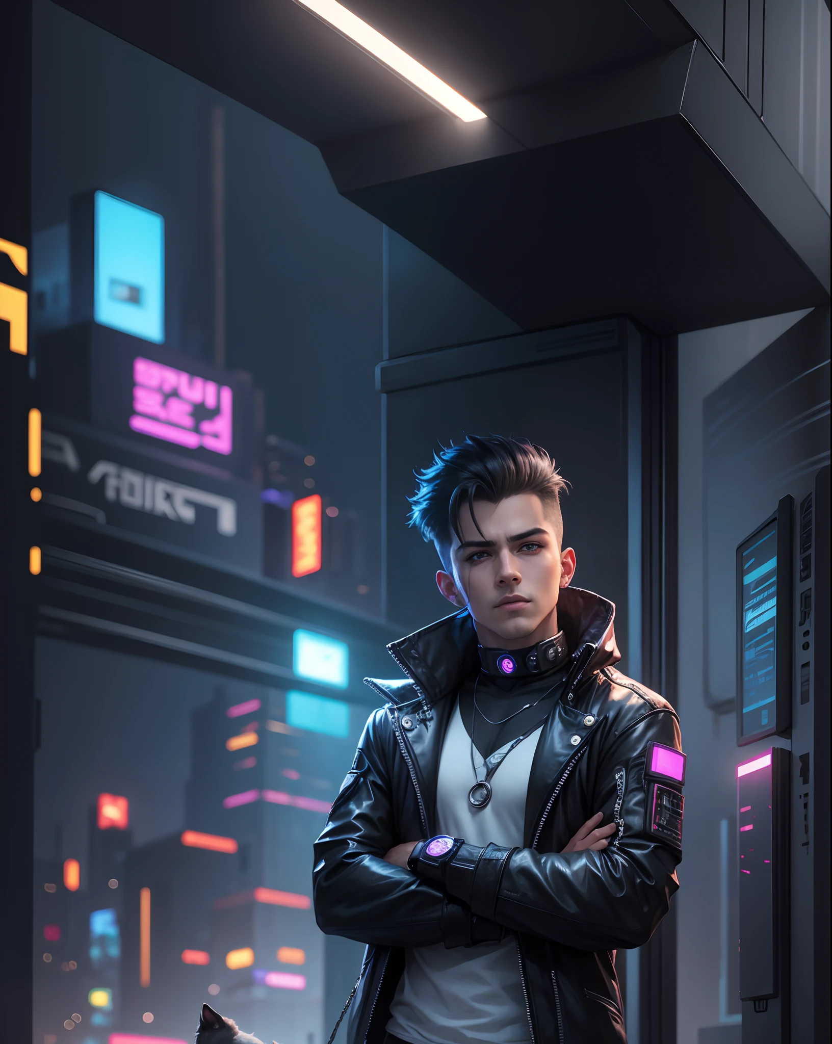 Change background cyberpunk handsome boy realistic face 8k ultra realistic with dogs