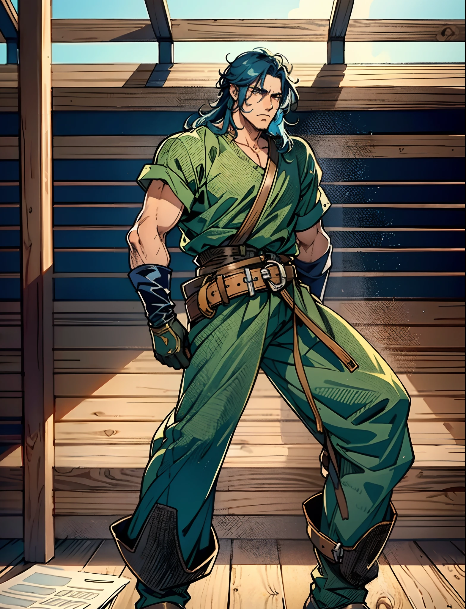 A man with thick long and lustrous blue hair, medium length hair, a melancholic gaze, a weary expression, fatigued and weary movements, a loose-fitting fantasy-style dockworker attire, gloves-style wrist guards on his hands, a belt around his waist, matching loose coarse pants, knee-high leather boots, he has long limbs, he stands within a wooden ship's cabin, with countless stacks of paper documents behind him, this character embodies a finely crafted fantasy-style sage in anime style, characterized by an exquisite and mature manga illustration art style, high definition, best quality, highres, ultra-detailed, ultra-fine painting, extremely delicate, professional, anatomically correct, symmetrical face, extremely detailed eyes and face, high quality eyes, creativity, RAW photo, UHD, 8k, Natural light, cinematic lighting, masterpiece:1.5