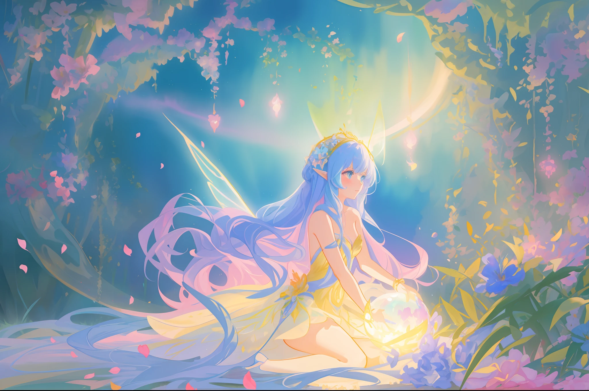 beautiful girl in fairy dress made of flower petals, beautiful fairy queen surrounded by colorful tiny pixies and fairies, glowing tiny fairies, (glowing fairy wings), glowing flowing ballgown, long wavy hair, sparkling fairy wings, watercolor illustration, flowers and colorful plants, inspired by Glen Keane, inspired by Lois van Baarle, disney art style, by Lois van Baarle, glowing aura around her, by Glen Keane, jen bartel, glowing lights! digital painting, flowing glowing hair, glowing flowing hair, beautiful digital illustration, fantasia otherworldly landscape plants flowers, beautiful, masterpiece, best quality, anime disney style