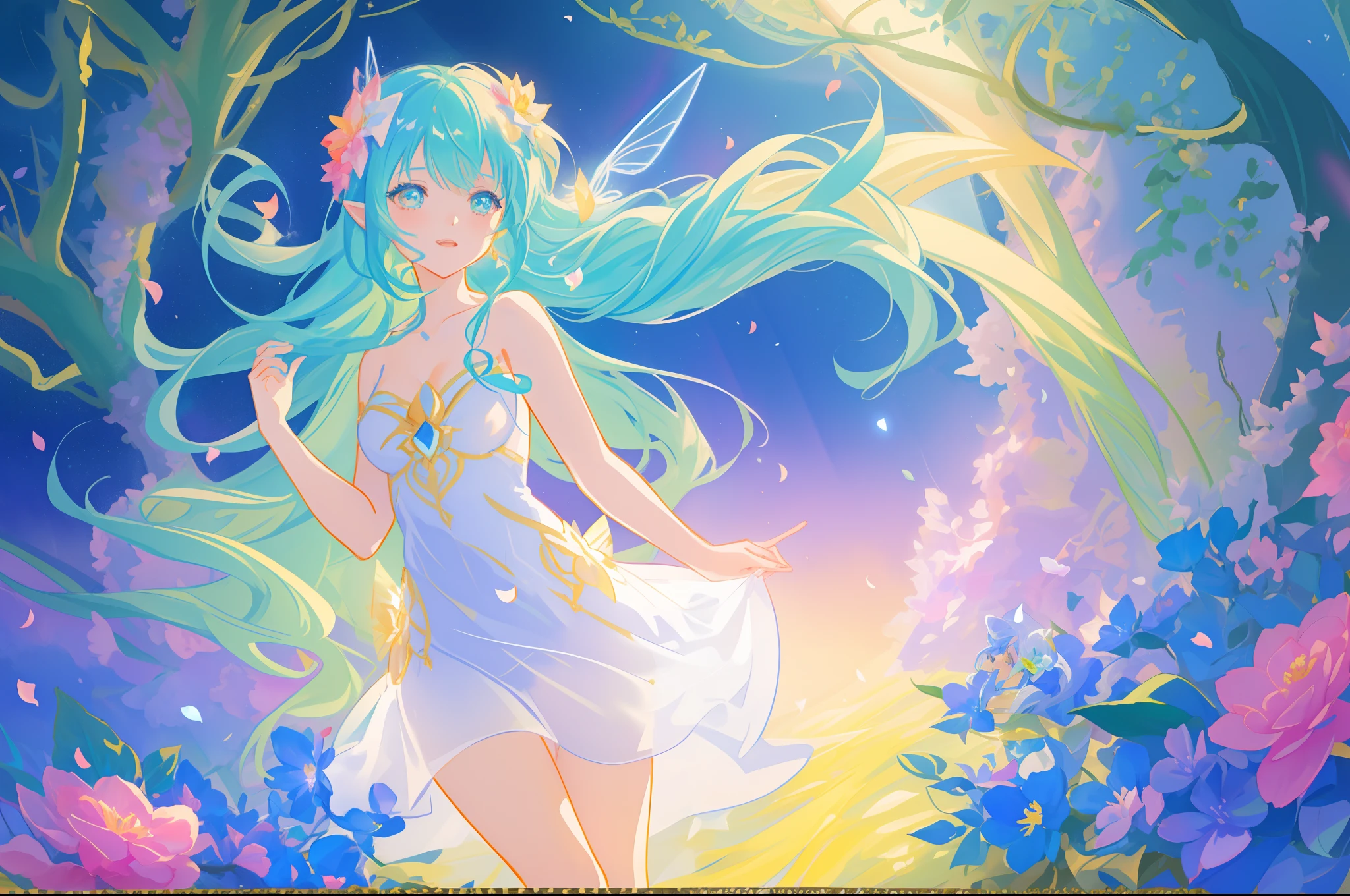 beautiful girl in fairy dress made of flower petals, beautiful fairy queen surrounded by colorful tiny pixies and fairies, glowing tiny fairies, (glowing fairy wings), glowing flowing ballgown, long wavy hair, sparkling fairy wings, watercolor illustration, flowers and colorful plants, inspired by Glen Keane, inspired by Lois van Baarle, disney art style, by Lois van Baarle, glowing aura around her, by Glen Keane, jen bartel, glowing lights! digital painting, flowing glowing hair, glowing flowing hair, beautiful digital illustration, fantasia otherworldly landscape plants flowers, beautiful, masterpiece, best quality, anime disney style