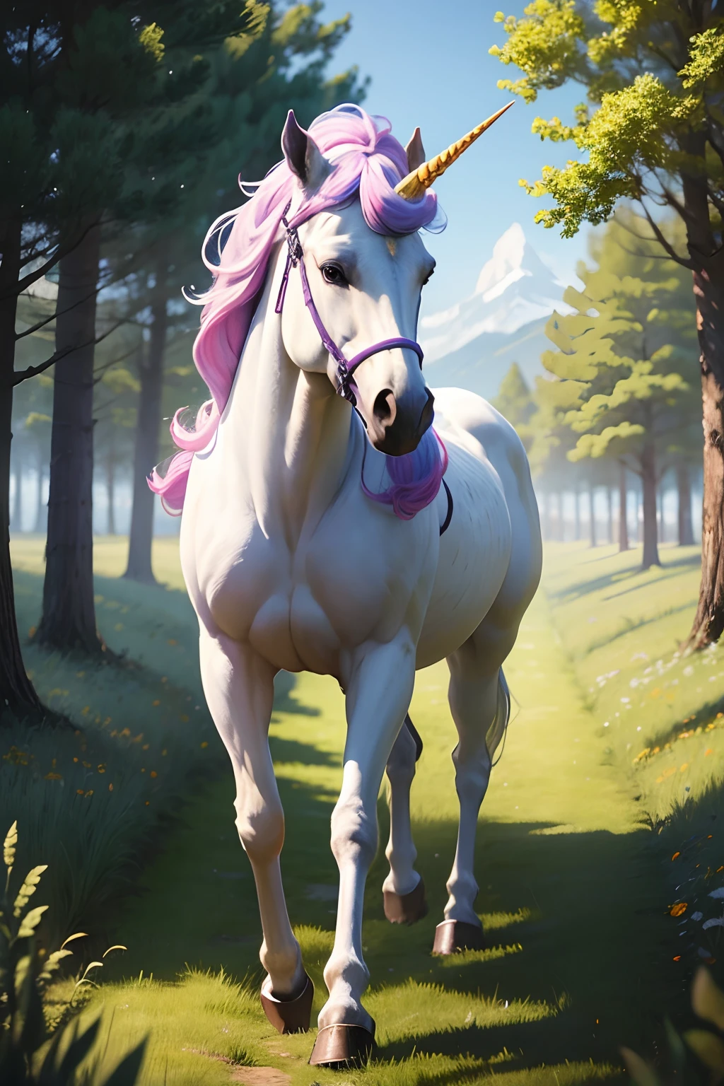 Wise Eyes,horse, unicorn, Mythical animal peacefully walking in a meadow