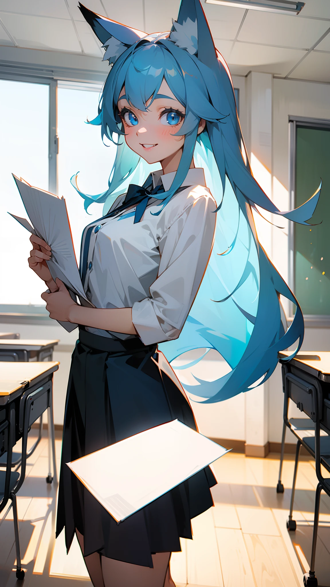 1girl ,20s,small,happy face,smile,teeth,white shirt,black skirt,medium tits,light blue hair,long hair,blue eyes,fox ears,holding paper,(((standing in a classroom))),cowboy shot