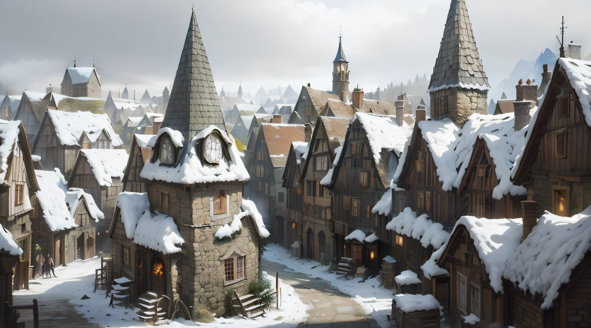 there is a picture of a town with a clock tower in the middle of it, a bustling magical town, winter concept art, medeival fantasy town, medieval concept art, the streets of baldur's gate, medieval fantasy game art, fantasy town setting, painted by andreas rocha, medieval village, a small medieval village, painterly concept art