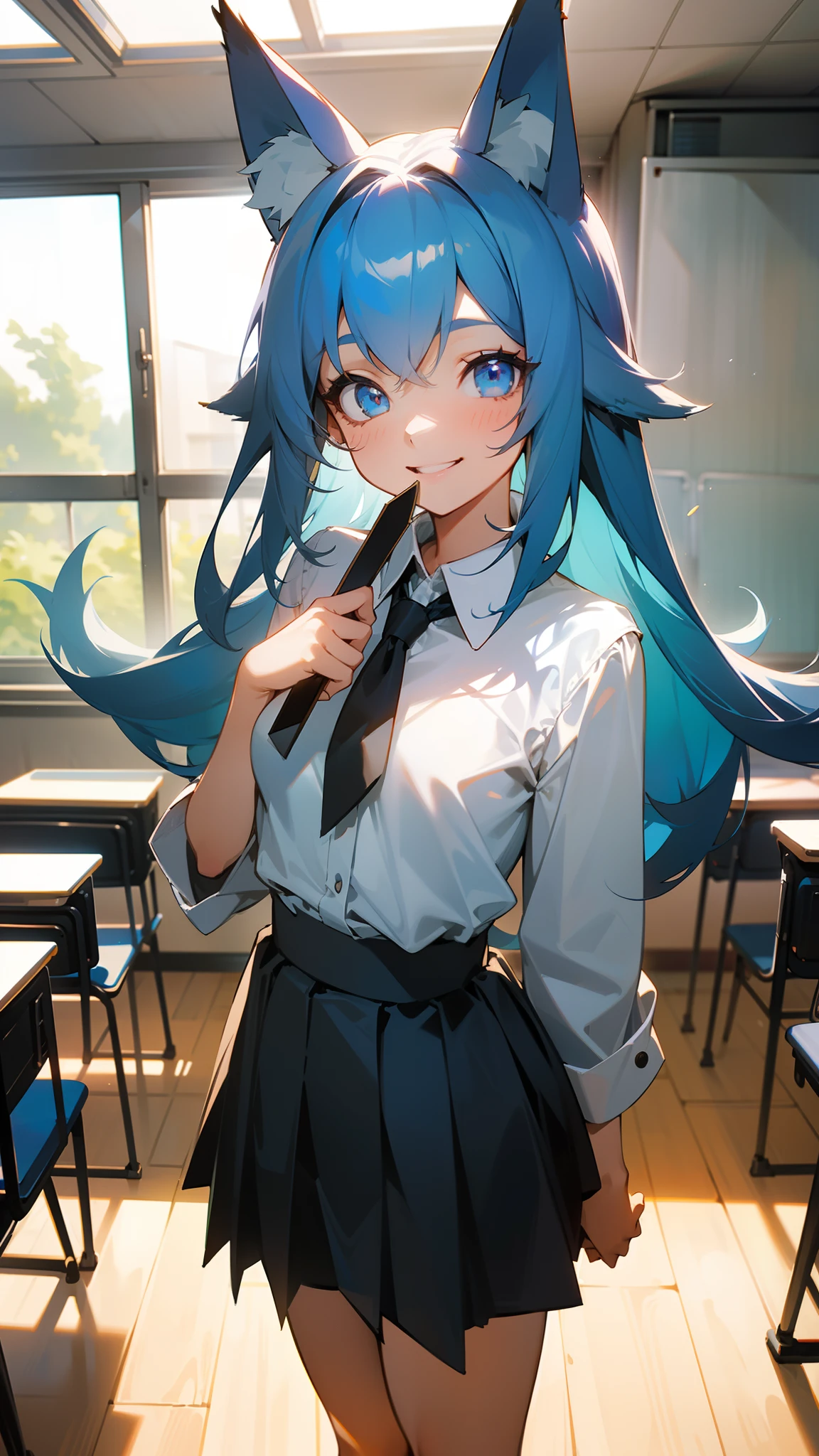 1girl ,20s,small,happy face,smile,teeth,white shirt,black skirt,medium tits,light blue hair,long hair,blue eyes,fox ears,holding paper,(((standing in a classroom))),cowboy shot