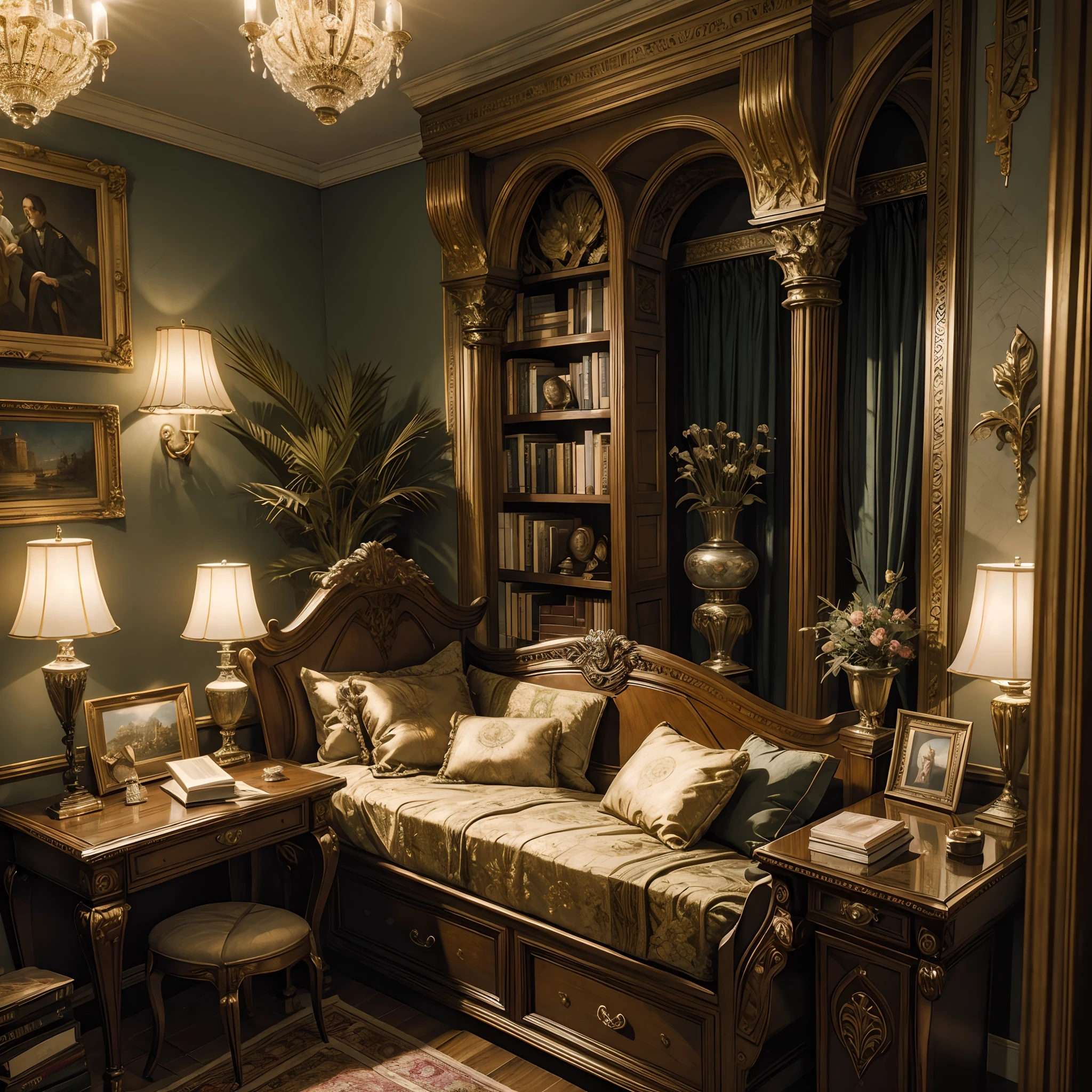 masterpiece, award winning, super detail, high quality, photo, from movie still, big bookshelf, magic books are lined up, A houseplant is placed next to it, in A room in a mansion, art nouveau interior, in 19th century, dim soft lighting