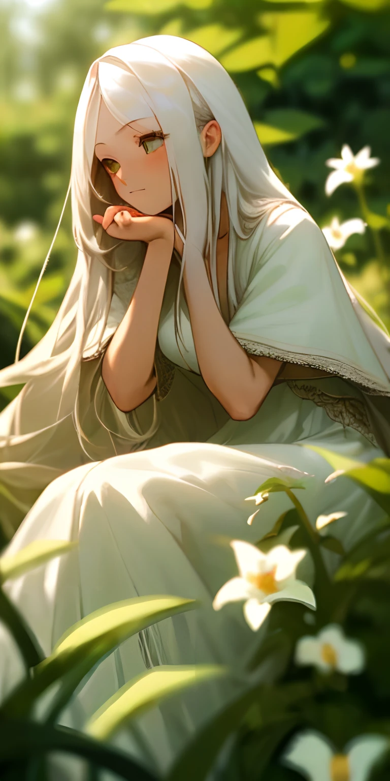 (masterpiece, best quality),1girl with long white hair sitting in a field of green plants and flowers, her hand under her chin, warm lighting, white dress, blurry foreground