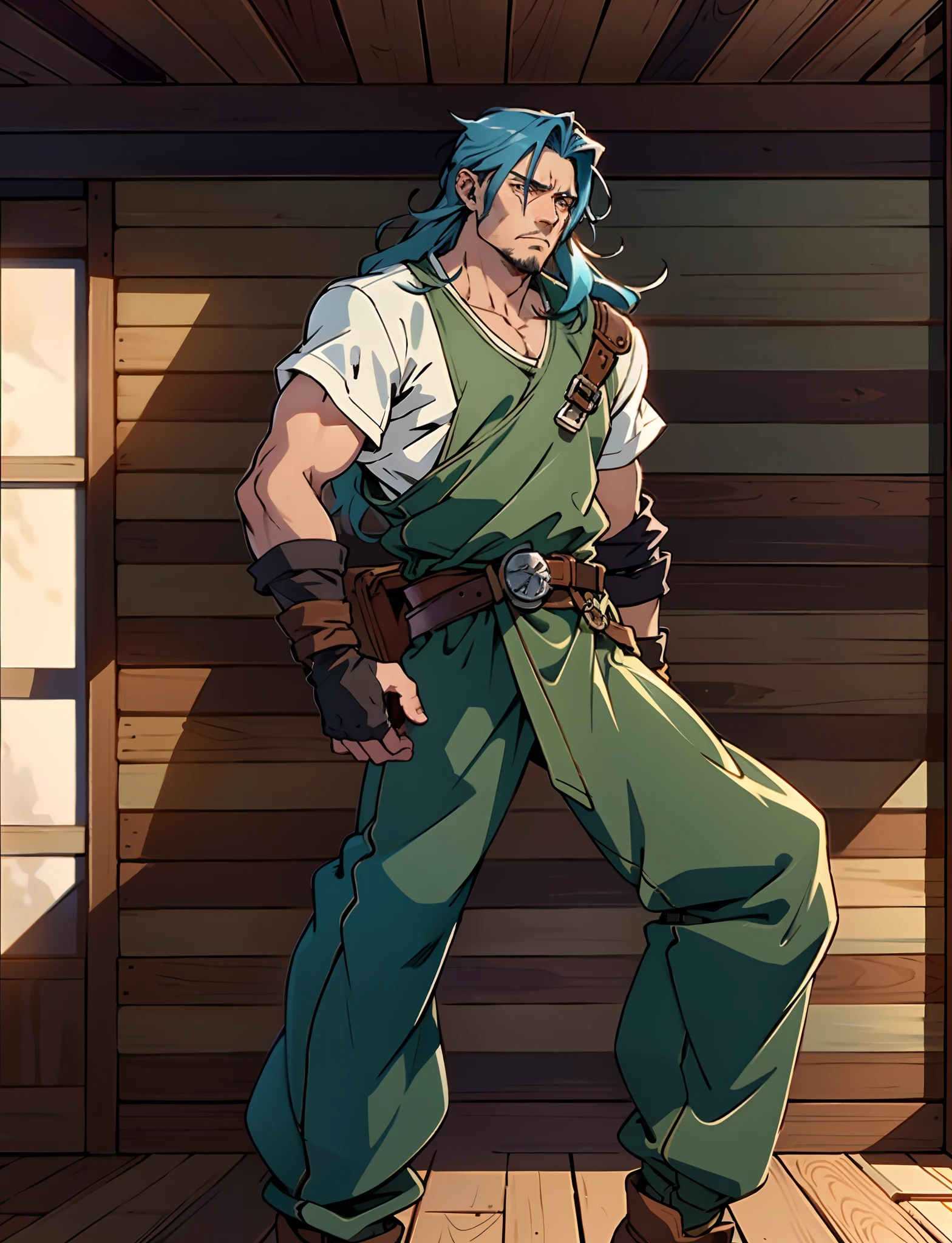 A man with thick long and lustrous blue hair, medium length hair, a melancholic gaze, a weary expression, fatigued and weary movements, a loose-fitting fantasy-style dockworker attire, gloves-style wrist guards on his hands, a belt around his waist, matching loose coarse pants, knee-high leather boots, he has long limbs, he stands within a wooden ship's cabin, with countless stacks of paper documents behind him, this character embodies a finely crafted fantasy-style sage in anime style, characterized by an exquisite and mature manga illustration art style, high definition, best quality, highres, ultra-detailed, ultra-fine painting, extremely delicate, professional, anatomically correct, symmetrical face, extremely detailed eyes and face, high quality eyes, creativity, RAW photo, UHD, 8k, Natural light, cinematic lighting, masterpiece:1.5