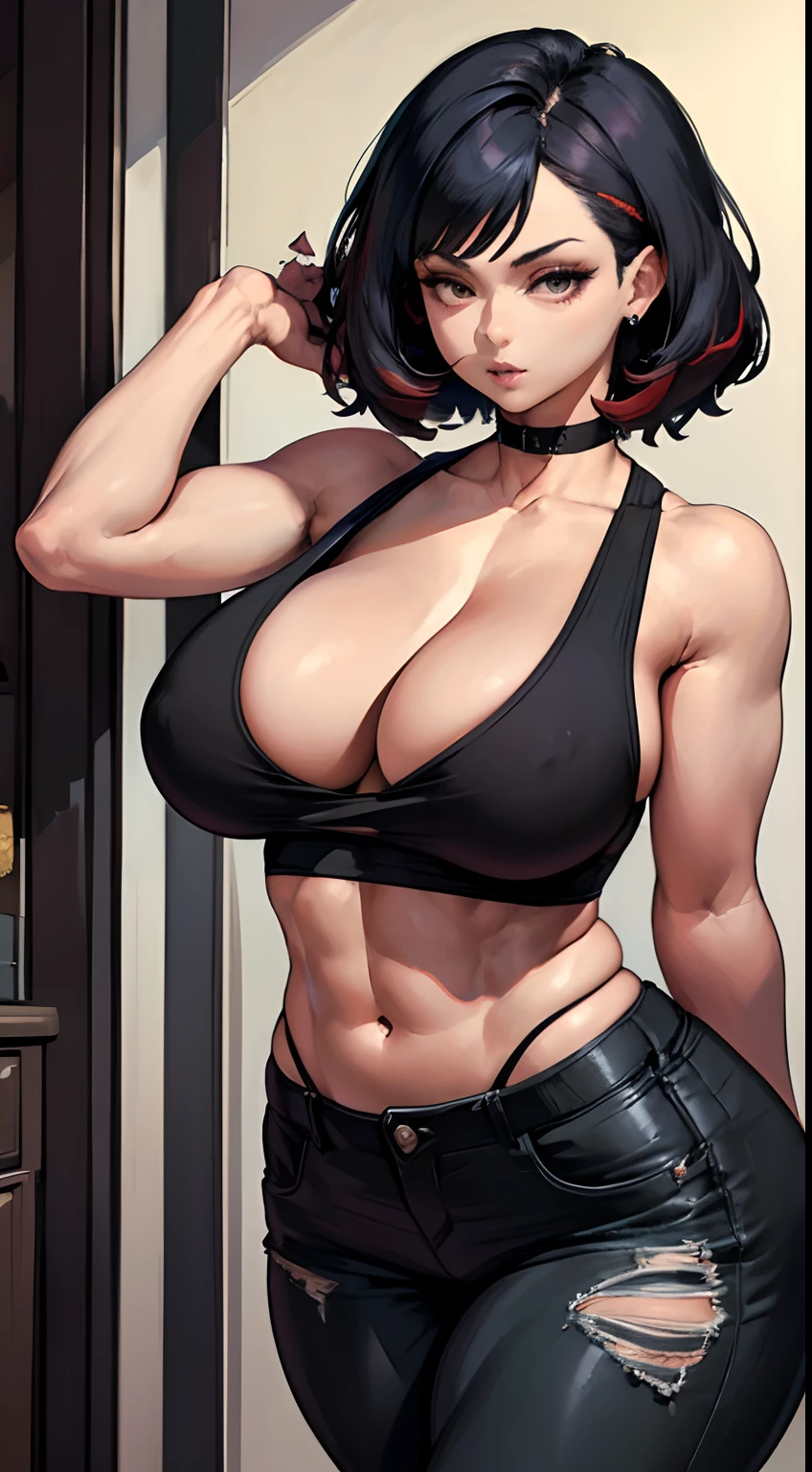 ((Best quality)), ((masterpiece)), (detailed: 1.4), beautiful woman, Asian, short black sleeveless t-shirt, black lag pants, black short hair with red locks, ink, (solo), realistic,((masterpiece)), (best quality), (detailed), (1 girl), large breasts, sexy, thicc