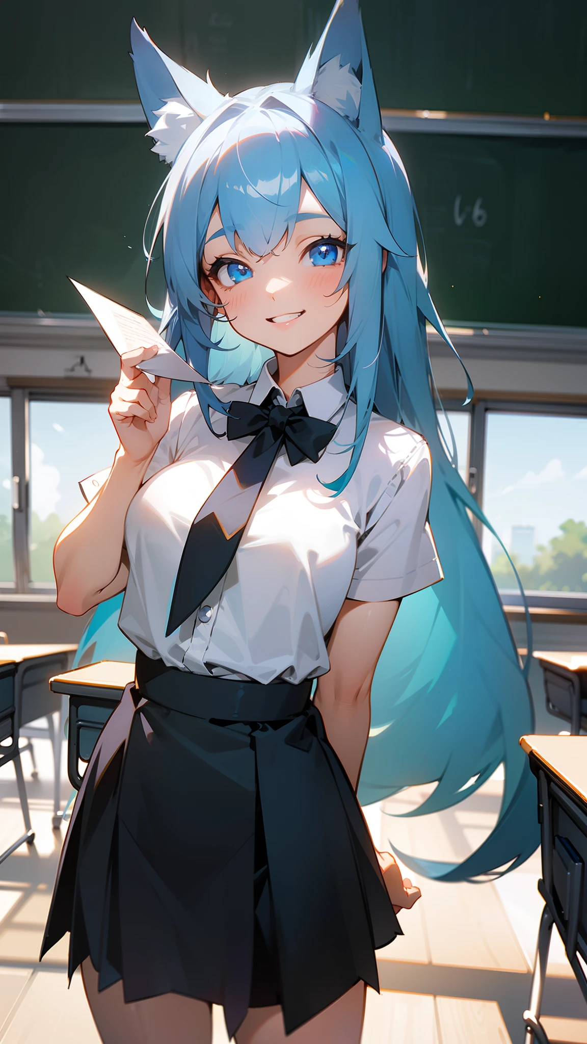 1girl ,20s,small,happy face,smile,teeth,white shirt,black skirt,medium tits,light blue hair,long hair,blue eyes,fox ears,holding paper,(((standing in a classroom))),cowboy shot