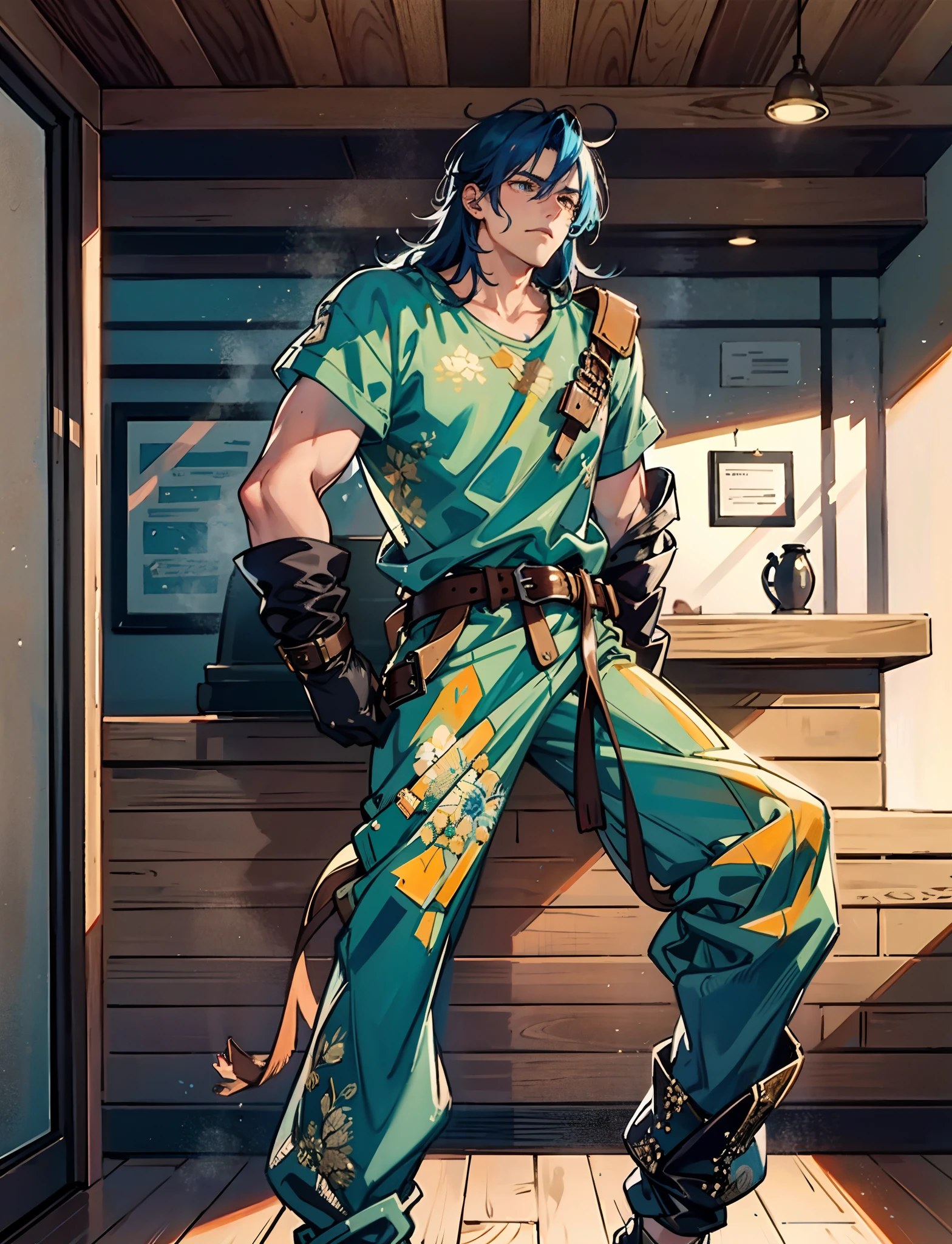 A man with thick long and lustrous blue hair, medium length hair, a melancholic gaze, a weary expression, fatigued and weary movements, a loose-fitting fantasy-style dockworker attire, gloves-style wrist guards on his hands, a belt around his waist, matching loose coarse pants, knee-high leather boots, he has long limbs, he stands within a wooden ship's cabin, with countless stacks of paper documents behind him, this character embodies a finely crafted fantasy-style sage in anime style, characterized by an exquisite and mature manga illustration art style, high definition, best quality, highres, ultra-detailed, ultra-fine painting, extremely delicate, professional, anatomically correct, symmetrical face, extremely detailed eyes and face, high quality eyes, creativity, RAW photo, UHD, 8k, Natural light, cinematic lighting, masterpiece:1.5