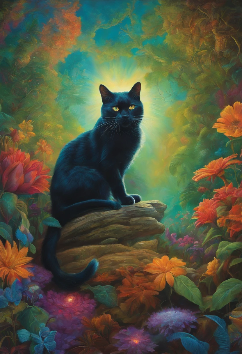 A painting of a black cat sitting on a rock in a garden - SeaArt AI