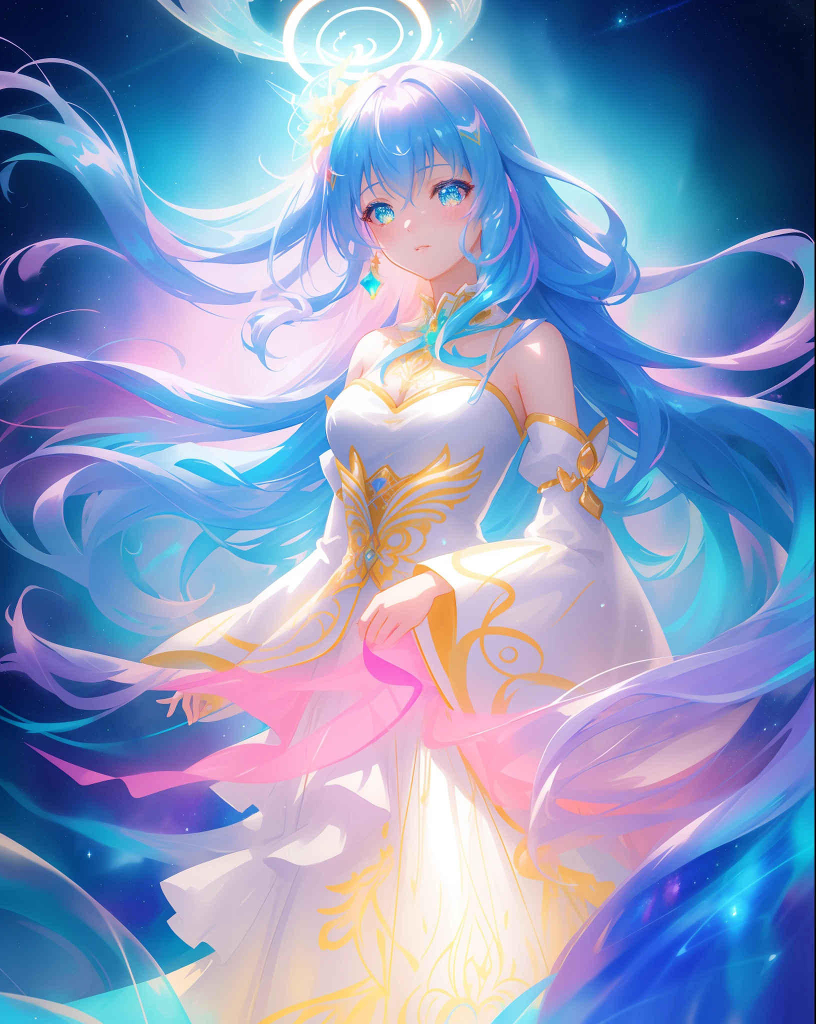 beautiful anime girl in multi-layered ballgown with puffy long sleeves, vibrant pastel colors, (colorful), magical lights, colorful long hair made of liquid light, sparkling lines of light, inspired by Glen Keane, inspired by Lois van Baarle, disney art style, by Lois van Baarle, glowing aura around her, by Glen Keane, jen bartel, glowing lights! digital painting, flowing glowing hair, glowing flowing hair, beautiful digital illustration, fantasia background, whimsical, magical, fantasy, beautiful face, ((masterpiece, best quality)), intricate details, highly detailed, sharp focus, 8k resolution, sparkling detailed eyes, liquid watercolor