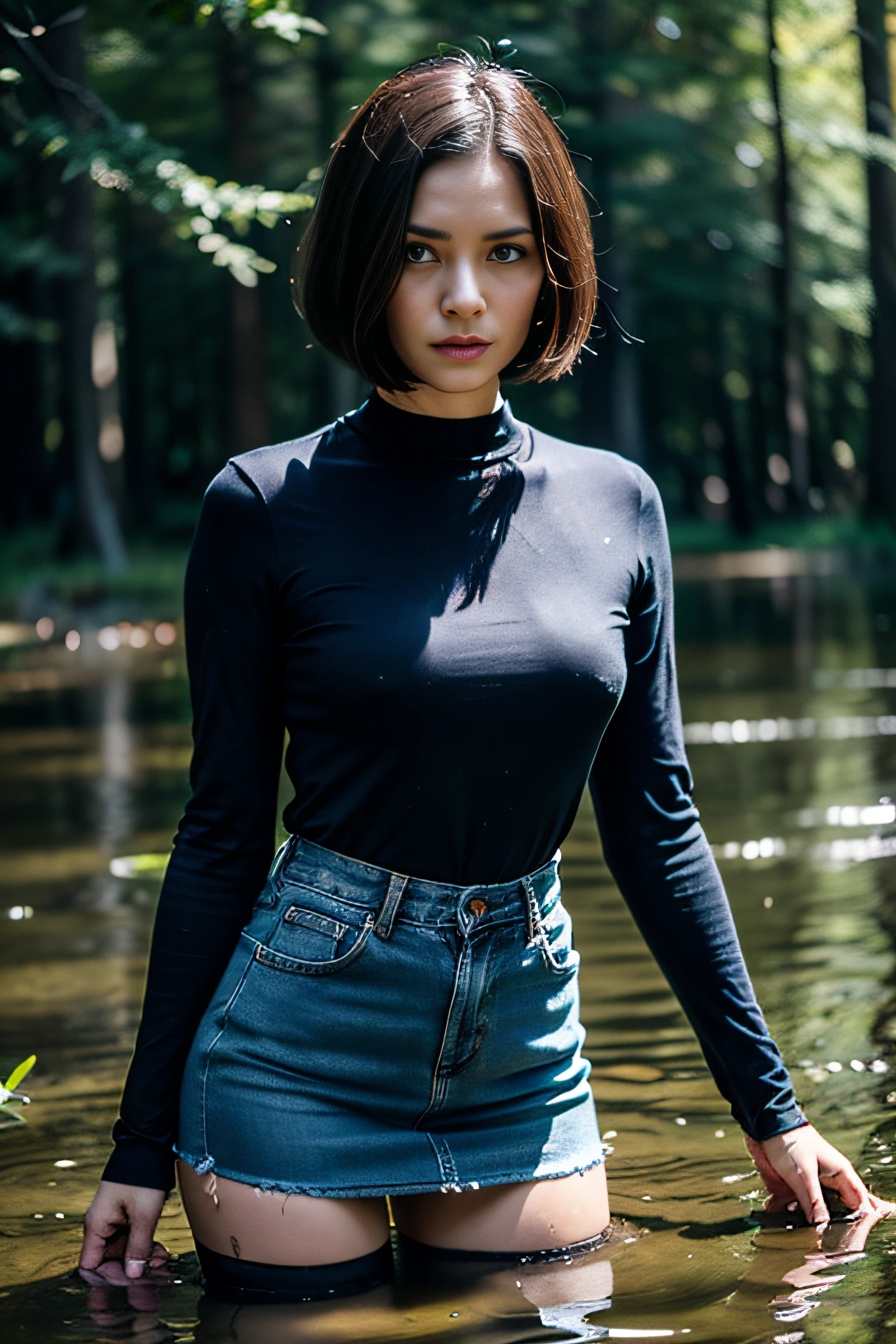 (Best Quality,tmasterpiece,great details, Dynamic frame:1.2),Forest around,The woman,Pronounced wrinkles,Bob haircut,jeans skirt,blouse,Stockings with garters,(drowning in a swamp:1.3),Detailed eyes and face,expression of despair,An anxious look,A Shameful Situation,Dark and moody lighting,Shameful hands,ominous vibe, gloomy ecstasy, A Tragic Moment, Psychological thriller