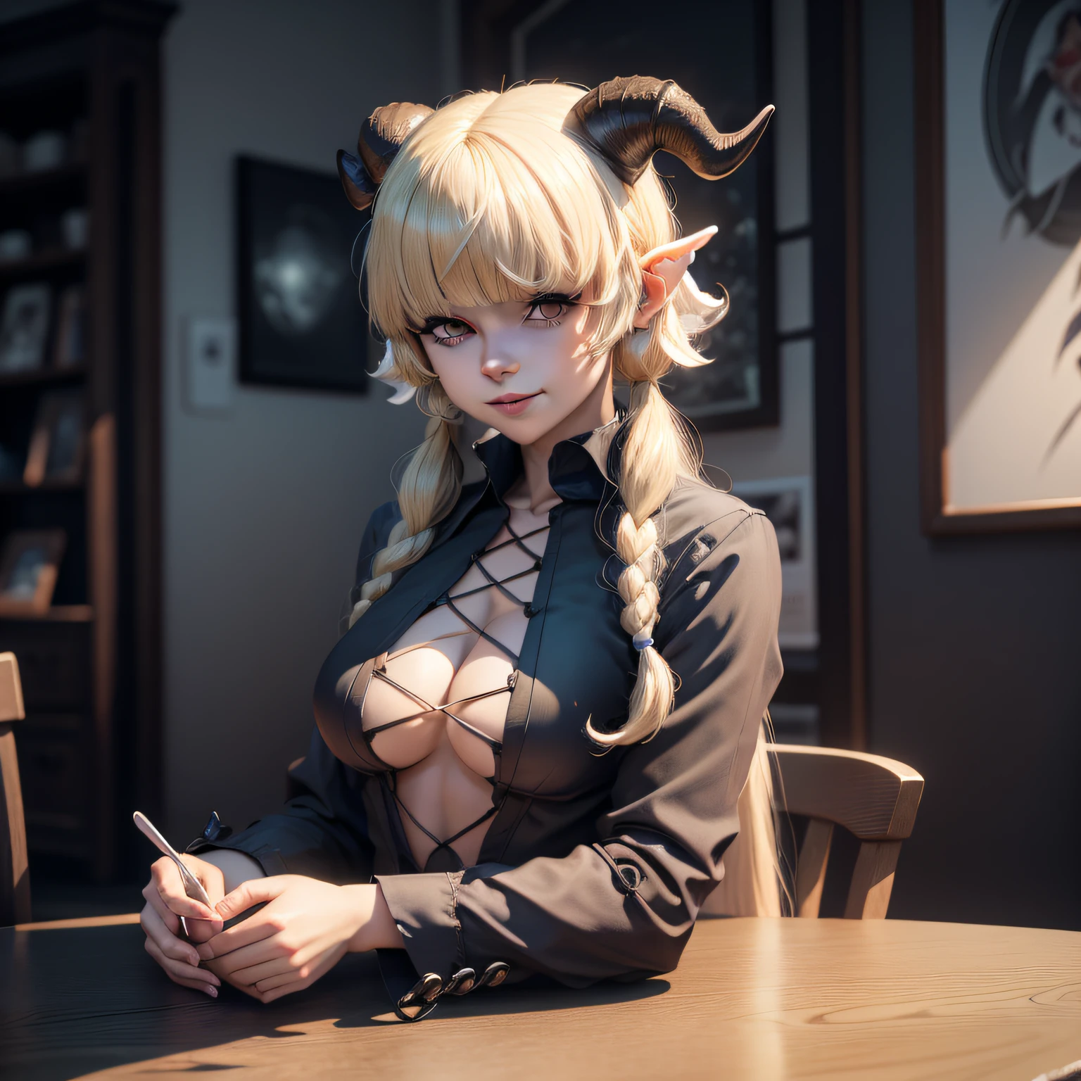 Light skinned Nordic woman with blond hair and horns on her head sitting at a table,  anime demon, 2. 5 d cgi anime fantasia arte | | | | | | | | | | | | | | | | | | | | | | | | | | | |, portrait of demon girl, 3 d render arte do caractere 8 k, Demon girl, arte de anime digital detalhada, deviantart artstation cgscosiety, |, sorriso enorme, psicopata | | | | | | | | | | | |, arte conceitual escura fotorrealista, Arte digital altamente detalhada em 4k, chifres de veado, (((Franja de cabelo enorme))), (((olhos escondidos))), ((flor no cabelo)))