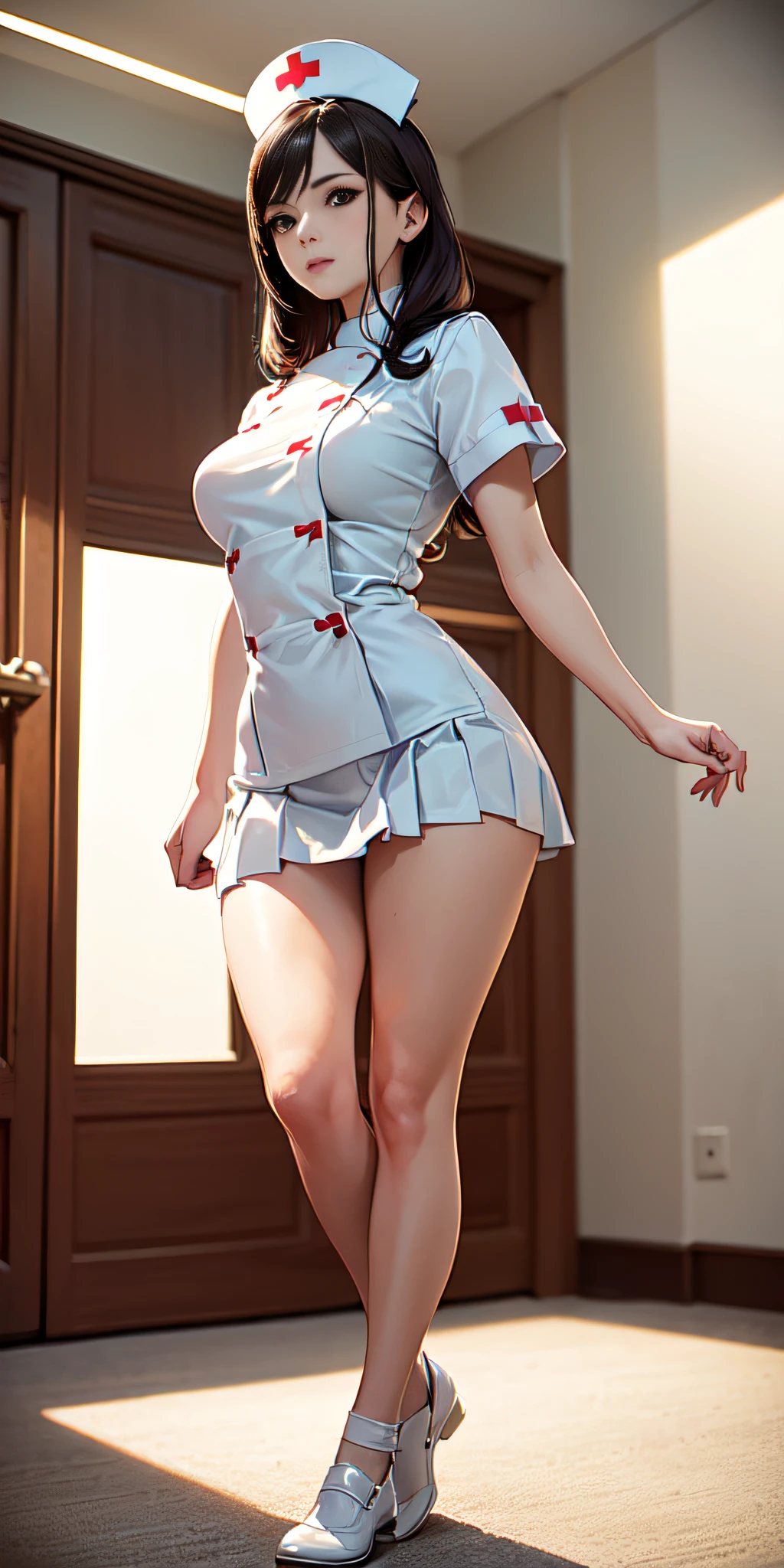 blonde beauty、Belarusian sexy model、sexy beautiful nurse、super uper mini skirtなのでお尻が見えている、Facing backwards、big breasts、Emphasize cleavage、fascinating butt、sexy ass、beautiful feet、セクシーなbeautiful feet、魅力的なbeautiful feet、red louboutin high heels、sexy costume、Sexy red high heels