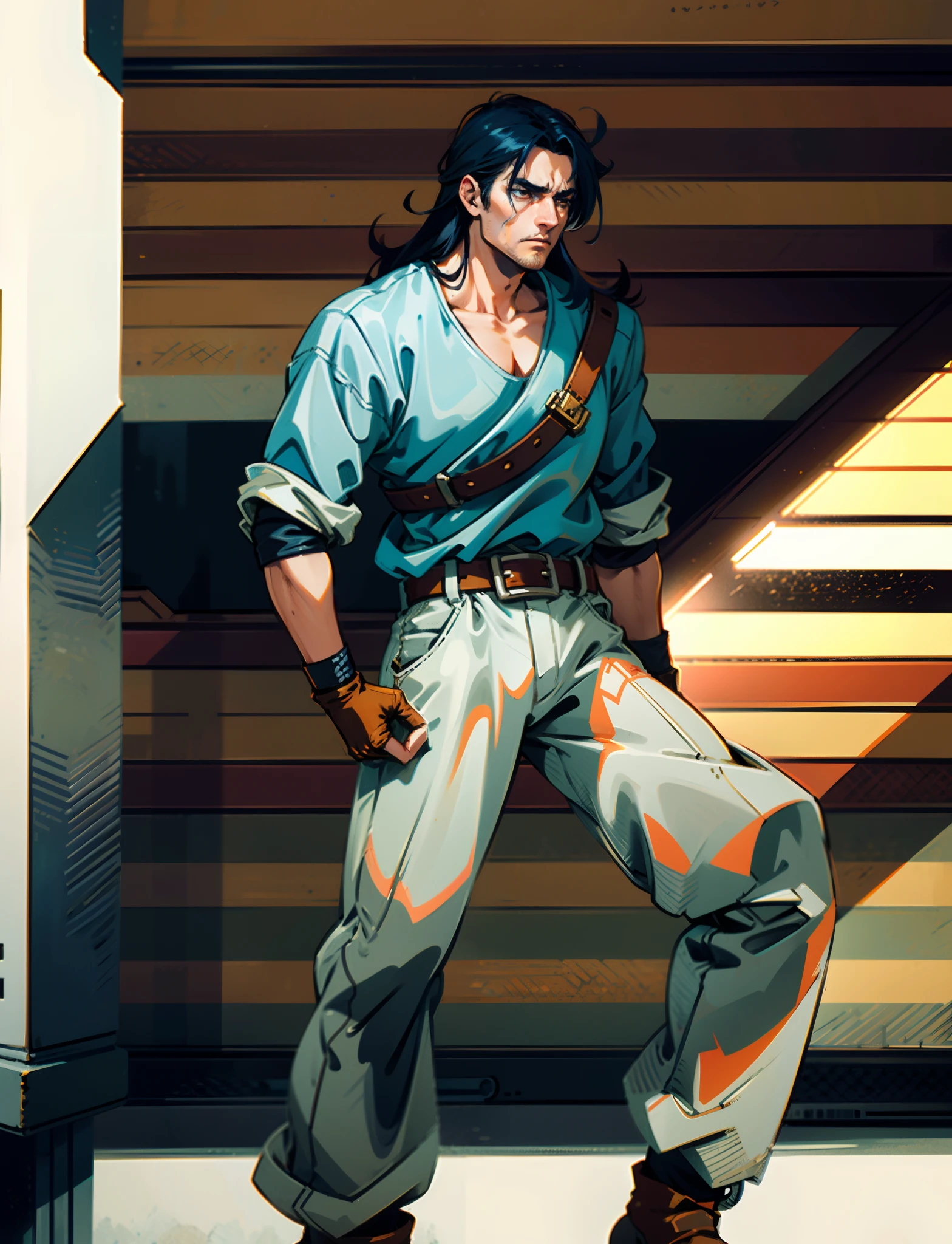 A man with thick long and lustrous blue hair, medium length hair, a melancholic gaze, a weary expression, fatigued and weary movements, a loose-fitting fantasy-style dockworker attire, gloves-style wrist guards on his hands, a belt around his waist, matching loose coarse pants, knee-high leather boots, he has long limbs, he stands within a wooden ship's cabin, with countless stacks of paper documents behind him, this character embodies a finely crafted fantasy-style sage in anime style, characterized by an exquisite and mature manga illustration art style, high definition, best quality, highres, ultra-detailed, ultra-fine painting, extremely delicate, professional, anatomically correct, symmetrical face, extremely detailed eyes and face, high quality eyes, creativity, RAW photo, UHD, 8k, Natural light, cinematic lighting, masterpiece:1.5