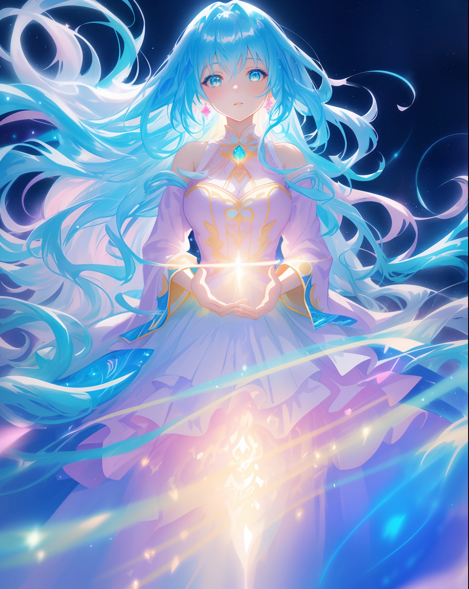 beautiful anime girl in multi-layered ballgown with puffy long sleeves, vibrant pastel colors, (colorful), magical lights, colorful long hair made of liquid light, sparkling lines of light, inspired by Glen Keane, inspired by Lois van Baarle, disney art style, by Lois van Baarle, glowing aura around her, by Glen Keane, jen bartel, glowing lights! digital painting, flowing glowing hair, glowing flowing hair, beautiful digital illustration, fantasia background, whimsical, magical, fantasy, beautiful face, ((masterpiece, best quality)), intricate details, highly detailed, sharp focus, 8k resolution, sparkling detailed eyes, liquid watercolor
