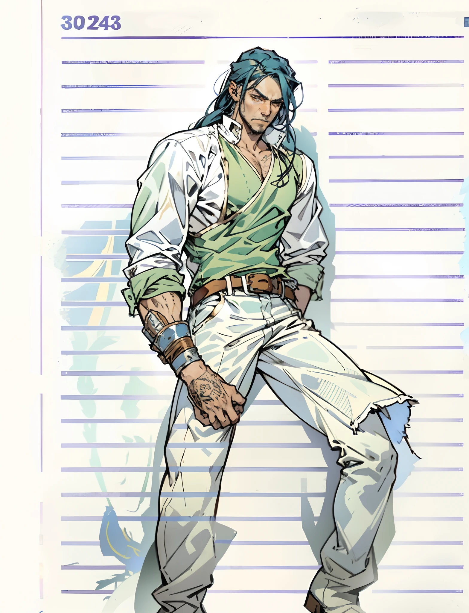 A man with thick long and lustrous blue hair, medium length hair, a melancholic gaze, a weary expression, fatigued and weary movements, a loose-fitting fantasy-style dockworker attire, gloves-style wrist guards on his hands, a belt around his waist, matching loose coarse pants, knee-high leather boots, he has long limbs, he stands within a wooden ship's cabin, with countless stacks of paper documents behind him, this character embodies a finely crafted fantasy-style sage in anime style, characterized by an exquisite and mature manga illustration art style, high definition, best quality, highres, ultra-detailed, ultra-fine painting, extremely delicate, professional, anatomically correct, symmetrical face, extremely detailed eyes and face, high quality eyes, creativity, RAW photo, UHD, 8k, Natural light, cinematic lighting, masterpiece:1.5