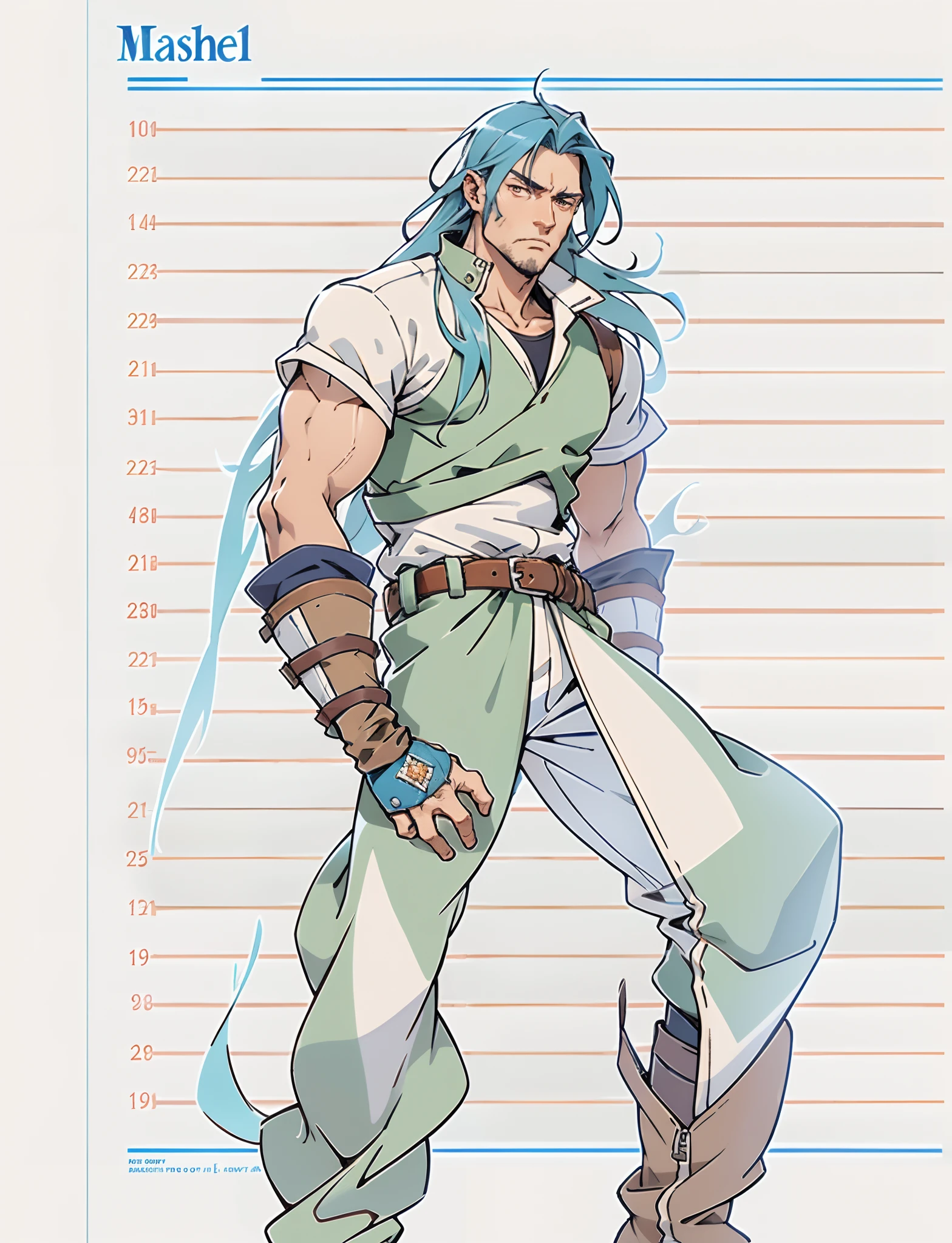 A man with thick long and lustrous blue hair, medium length hair, a melancholic gaze, a weary expression, fatigued and weary movements, a loose-fitting fantasy-style dockworker attire, gloves-style wrist guards on his hands, a belt around his waist, matching loose coarse pants, knee-high leather boots, he has long limbs, he stands within a wooden ship's cabin, with countless stacks of paper documents behind him, this character embodies a finely crafted fantasy-style sage in anime style, characterized by an exquisite and mature manga illustration art style, high definition, best quality, highres, ultra-detailed, ultra-fine painting, extremely delicate, professional, anatomically correct, symmetrical face, extremely detailed eyes and face, high quality eyes, creativity, RAW photo, UHD, 8k, Natural light, cinematic lighting, masterpiece:1.5