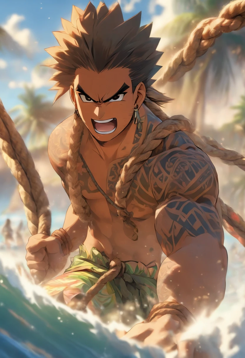 (((Hawaiian pulling a rope)) best quality, ultra-high resolution, 4K detailed CG, masterpiece, Maui, Young man, pulling, hooking, Hawaiian clothing, Maori tattoos, ((close camera)) , Picture style Maori, aesthetic, screen-centric, full body