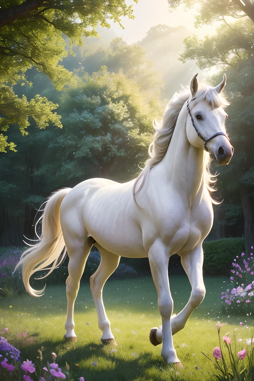 (best quality,4k,8k,highres,masterpiece:1.2),ultra-detailed,realistic:1.37,beautiful detailed eyes,horse,unicorn,mythical creature,peacefully walking in a meadow,illustration,portrait,glowing colors,soft lighting,brush strokes,subtle shadows,dreamlike atmosphere,whimsical,dappled sunlight,curly mane,elegant and graceful,trotting with confidence,sparkling eyes,pure white coat,magical horn,gentle breeze,flowers in bloom,sunlit grass,tranquil setting,enchanted forest,Ancient Greek mythology,ethereal beauty,fantasy-inspired artwork,surreal,mythical realm,serene expression,vibrant details,captivating presence,wisdom in its gaze,majestic creature,harmonious composition,lush greenery,peaceful harmony,enchanted atmosphere.