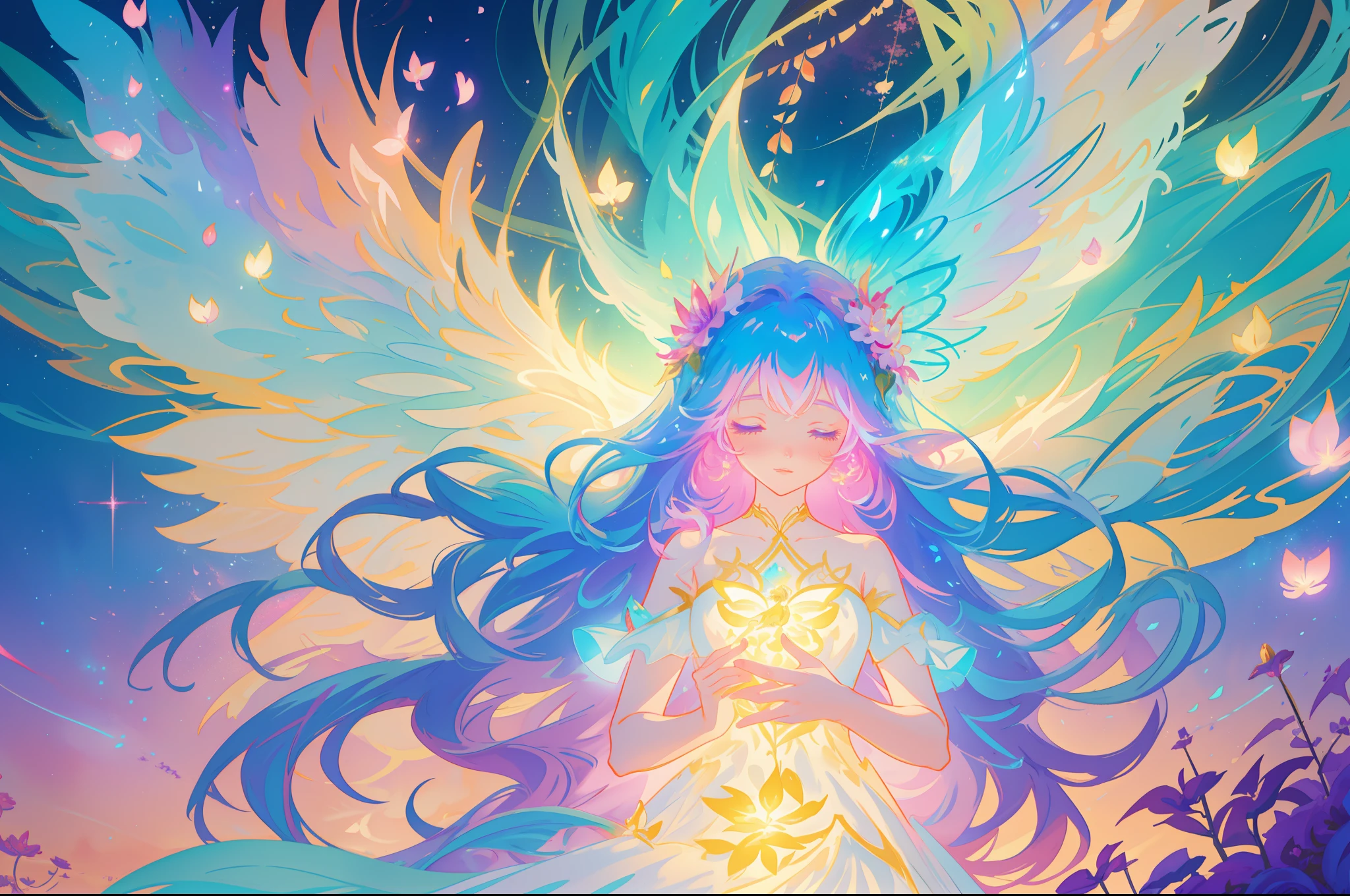 beautiful girl in fairy dress made of flower petals, beautiful fairy queen surrounded by colorful tiny pixies and fairies, glowing tiny fairies, (glowing fairy wings), glowing flowing ballgown, long wavy hair, sparkling fairy wings, watercolor illustration, flowers and colorful plants, inspired by Glen Keane, inspired by Lois van Baarle, disney art style, by Lois van Baarle, glowing aura around her, by Glen Keane, jen bartel, glowing lights! digital painting, flowing glowing hair, glowing flowing hair, beautiful digital illustration, fantasia otherworldly landscape plants flowers, beautiful, masterpiece, best quality, anime disney style