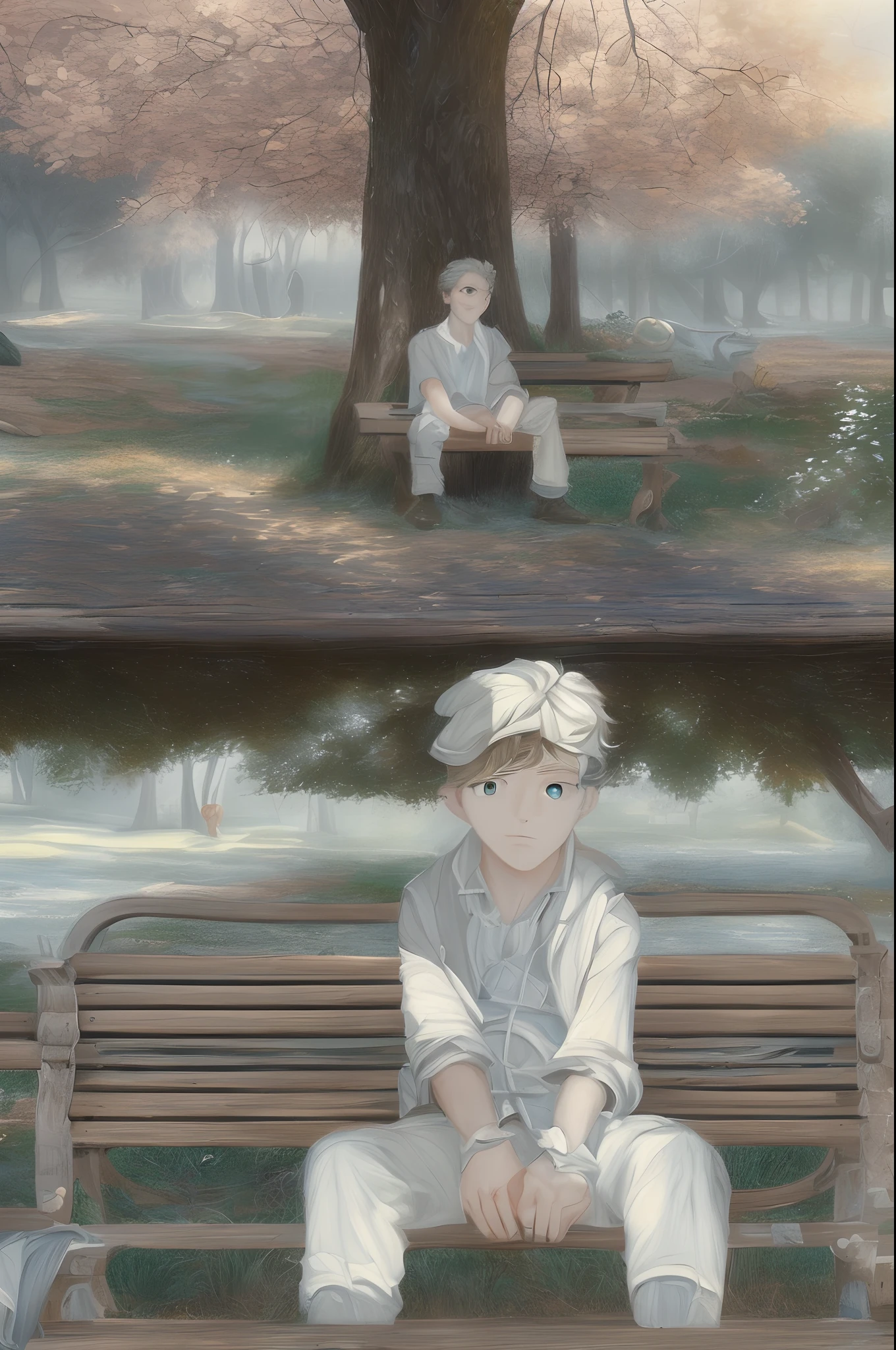 (masterpiece:1.4), (artwork:1.2), (soft and simple colors:1.2), (mechanical arms:1.1), (heterochromia+multicolored:1.33), (sad looking man on a bench in a park), (portrait:1:1), (extremely detailed CG 8k unit wallpaper0.6),