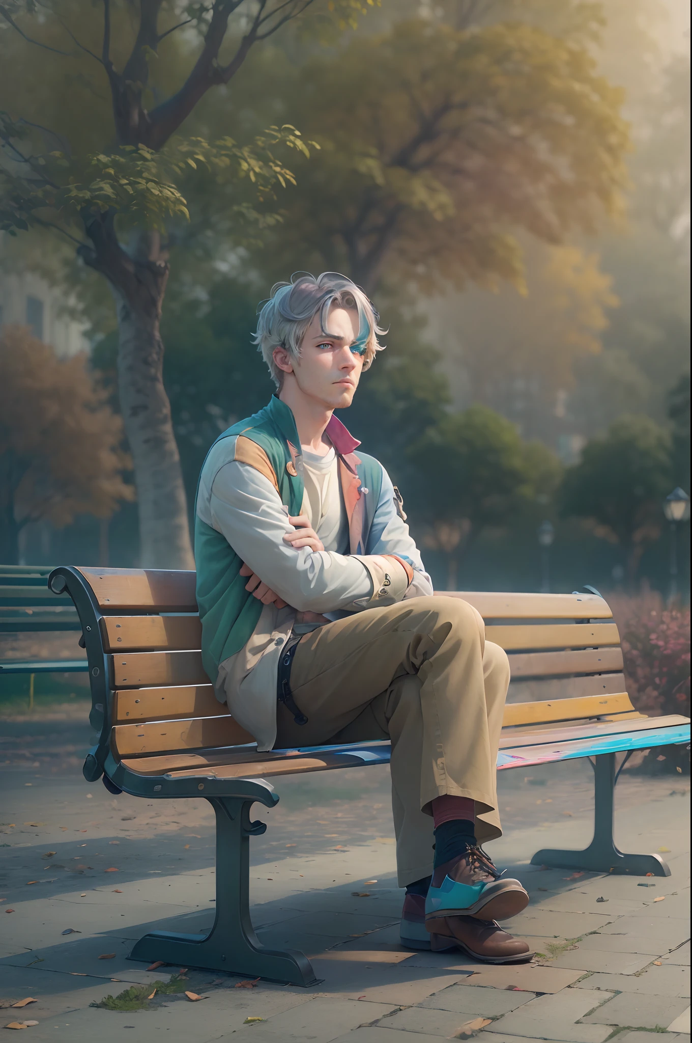 (masterpiece:1.4), (artwork:1.2), (soft and simple colors:1.2), (mechanical arms:1.1), (heterochromia+multicolored:1.33), (sad looking man on a bench in a park), (portrait:1:1), (extremely detailed CG 8k unit wallpaper0.6),