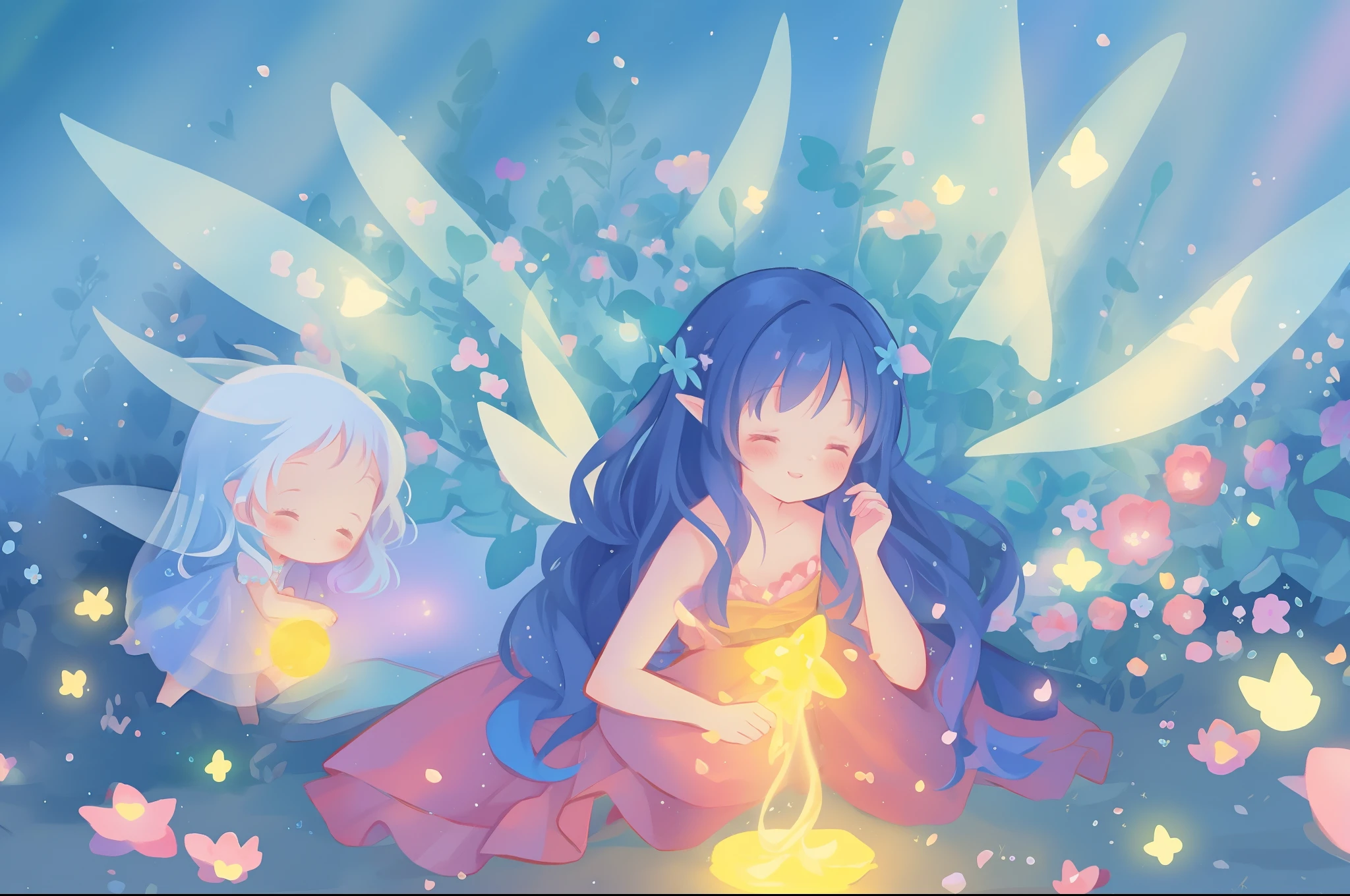 beautiful girl in fairy dress made of flower petals, beautiful fairy queen surrounded by colorful tiny pixies and fairies, glowing tiny fairies, (glowing fairy wings), glowing flowing ballgown, long wavy hair, sparkling fairy wings, watercolor illustration, flowers and colorful plants, inspired by Glen Keane, inspired by Lois van Baarle, disney art style, by Lois van Baarle, glowing aura around her, by Glen Keane, jen bartel, glowing lights! digital painting, flowing glowing hair, glowing flowing hair, beautiful digital illustration, fantasia otherworldly landscape plants flowers, beautiful, masterpiece, best quality, anime disney style