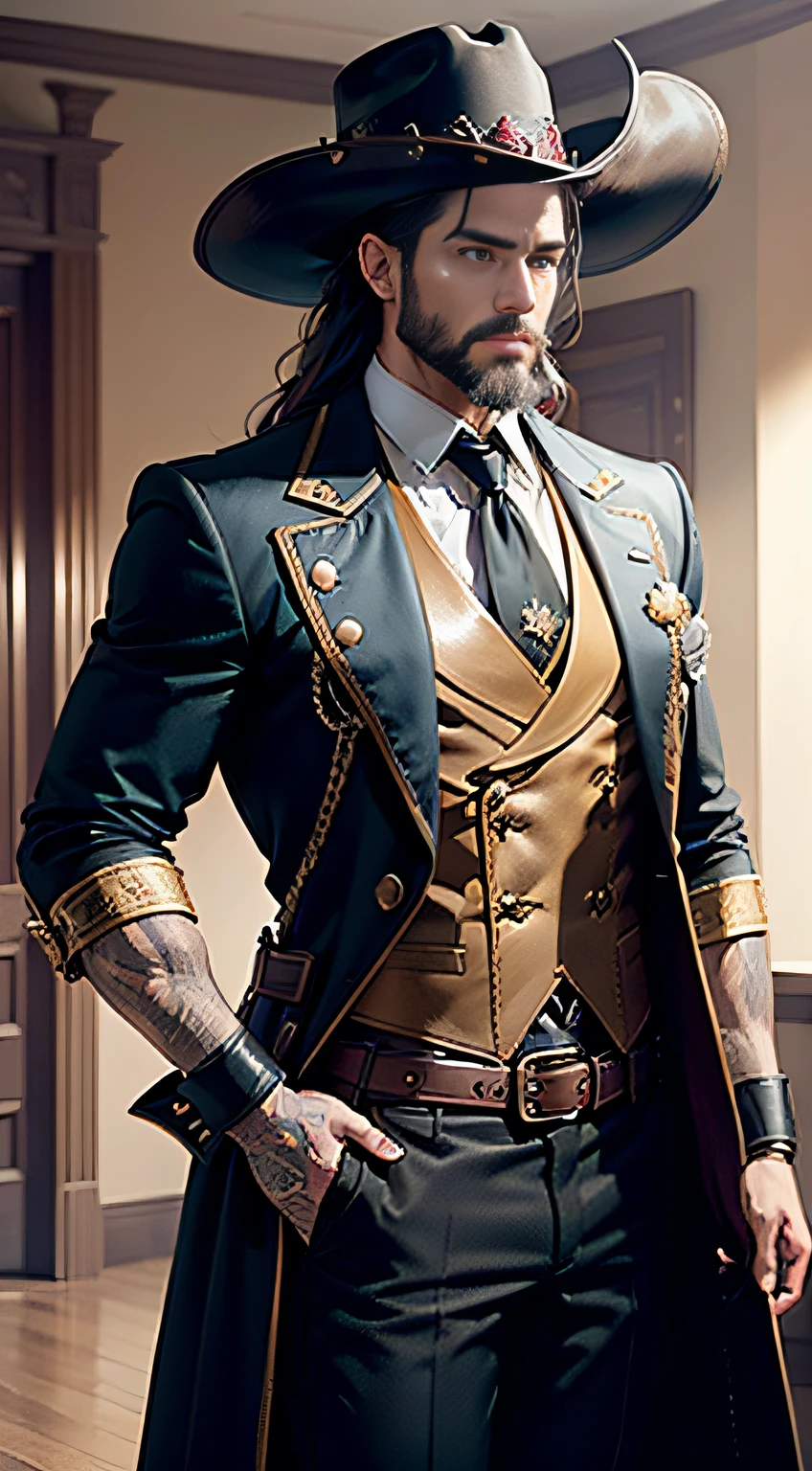 (((Masterpiece))), (((Best quality))), ((Ultra-detailed)),(very detailed CG illustration), ((An extremely detailed face)), (Prise de vue du corps entier), ((ultra realist)), (Steampunk Elements), lighting cinematic, (Large black and red extremely detailed western man outfit, with subtle gold decorations), ( longs cheveux noirs), ( Barbe),A magnum is pinned to his waist, Holds the Pocker deck of cards, Carte Pocker Bleue, Carte Red Pocker, Carte Pocker jaune, Wearing a black feathered hat adds a touch of flair to her appearance. Il porte un long, Black Duster style coat with subtle refined gold decorations. The coat is adorned with decorative patterns and has a bit of a Western or Old-Western aesthetic. Sous le manteau, He usually wears a formal shirt and vest. La chemise est blanche, and the vest completes the overall color palette of her outfit. Son pantalon est noir, And they came in knee-deep boots. His boots are knee-high and have a somewhat rugged appearance, Adapt to your player persona, Il porte des gants, usually fingerless or with openings to allow card manipulation, Because cards are a central part of his character and abilities, wears a belt with a prominent buckle completes her ensemble, adding to the Western-inspired look, porte un jeu de cartes, And he often uses them in his abilities. Cards are usually stored in a holster-like accessory on one's belt