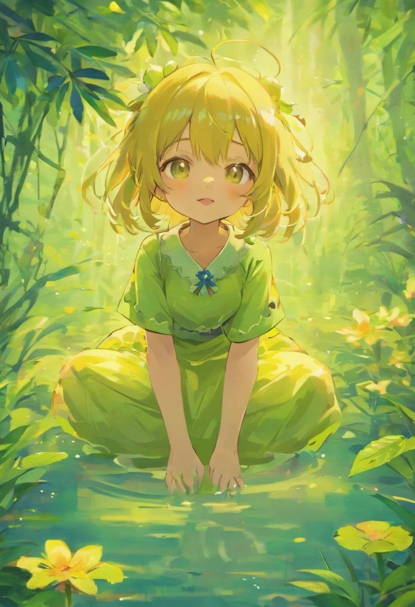 a girl, Hoshino Ruby son of Hoshino Ai from the anime oshi no ko, orange hair, star eyes, (after the rain:1.5), sitting in a puddle, (night time, shining stars:1.3), (flower field, glowing, bloom, chromatic, colourful:1.3), (wet foliage:1.8)