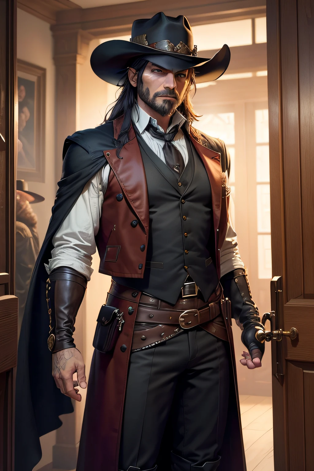 Draw an RPG character. Using as a reference the top trends on Artstation and DeviantArt in digital ART, fantasy, portrait. Use John Marston from Red Dead Redemption as a reference. A mid aged rogue Guy with a medieval vampire appearance wears a black cowboy hat, glasses with round lenses and silver frames and black robes in an armored overcoat made of darkened leather with brown tones. (((Masterpiece))), (((Best quality))), ((Ultra-detailed)),(very detailed CG illustration), ((An extremely detailed face)), (Prise de vue du corps entier), lighting cinematic, (Large Western Man Extremely Detailed Black and Red Outfit, with subtle gold decorations), ( longs cheveux noirs), ( barbe), dans la taverne, Marcher sur un tabouret,A revolver is pinned to his waist, holds Pocker cards, Carte de poker bleu, Carte de Red Pocker, Carte de Pic jaune, porte un, Black feathered hat adds a touch of flair to its appearance. Le chapeau cache souvent la majeure partie de son visage, sauf pour ses yeux, Il porte un long, Manteau de style duster, which is usually black in color. The coat is adorned with decorative patterns and has a bit of a Western or Old-Western aesthetic. Sous le manteau, He usually wears a formal shirt and vest. La chemise est souvent de couleur blanche ou rouge, and the vest completes the overall color palette of her outfit. His pants are usually a darker color, souvent noir, And they came in knee-deep boots. His boots are knee-high and have a somewhat rugged appearance, Adapting to his player persona, Il porte des gants, usually fingerless or with openings to allow card manipulation, because cards are a central part of his character and abilities, wears a belt with a prominent buckle completes her ensemble, adding to the Western-inspired look, porte un jeu de cartes, And he often uses them in his abilities. Cards are usually stored in a holster-like accessory on his belt