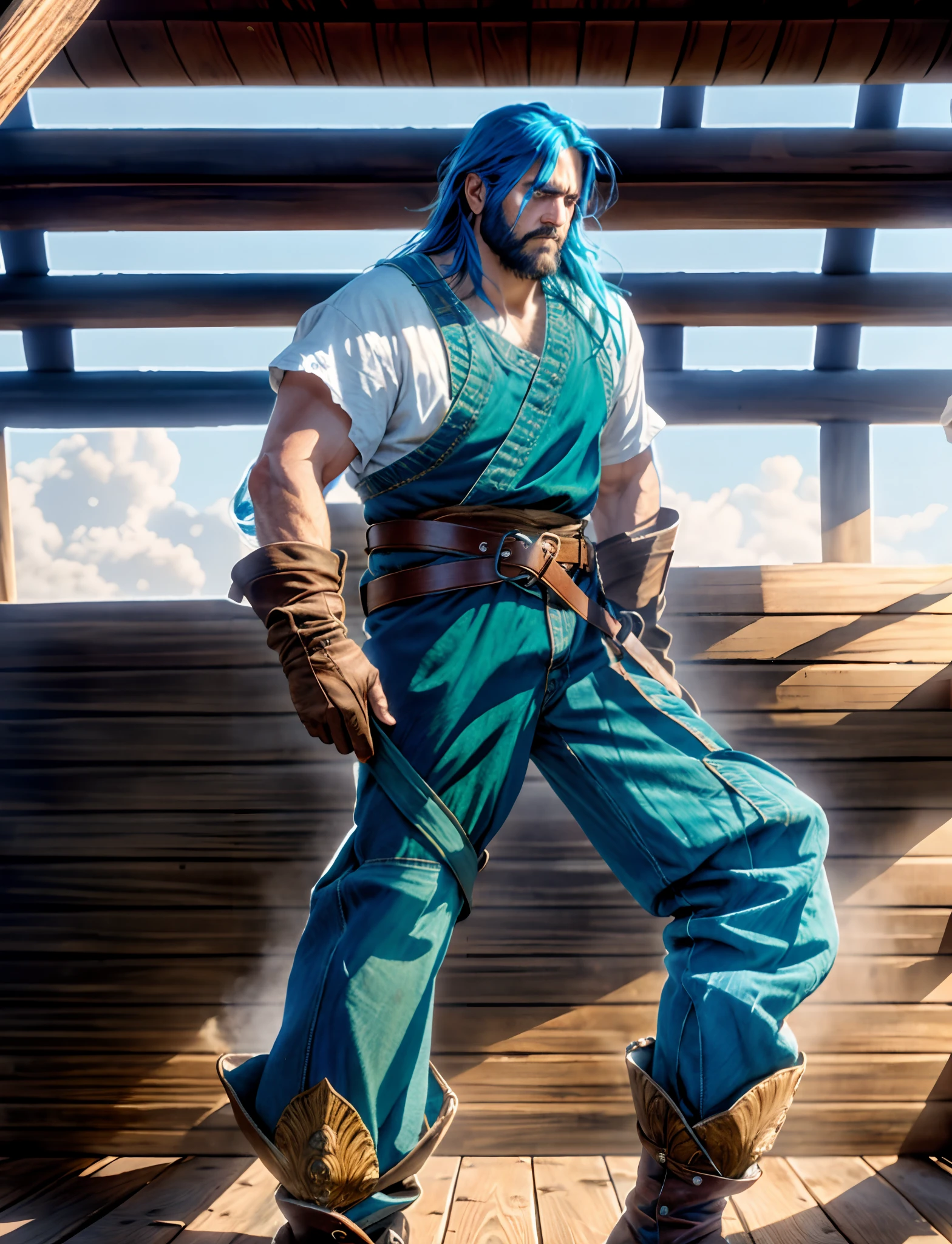 A man with thick long and lustrous blue hair, medium length hair, a melancholic gaze, a weary expression, fatigued and weary movements, a loose-fitting fantasy-style dockworker attire, gloves-style wrist guards on his hands, a belt around his waist, matching loose coarse pants, knee-high leather boots, he has long limbs, he stands within a wooden ship's cabin, with countless stacks of paper documents behind him, this character embodies a finely crafted fantasy-style sage in anime style, characterized by an exquisite and mature manga illustration art style, high definition, best quality, highres, ultra-detailed, ultra-fine painting, extremely delicate, professional, anatomically correct, symmetrical face, extremely detailed eyes and face, high quality eyes, creativity, RAW photo, UHD, 8k, Natural light, cinematic lighting, masterpiece:1.5