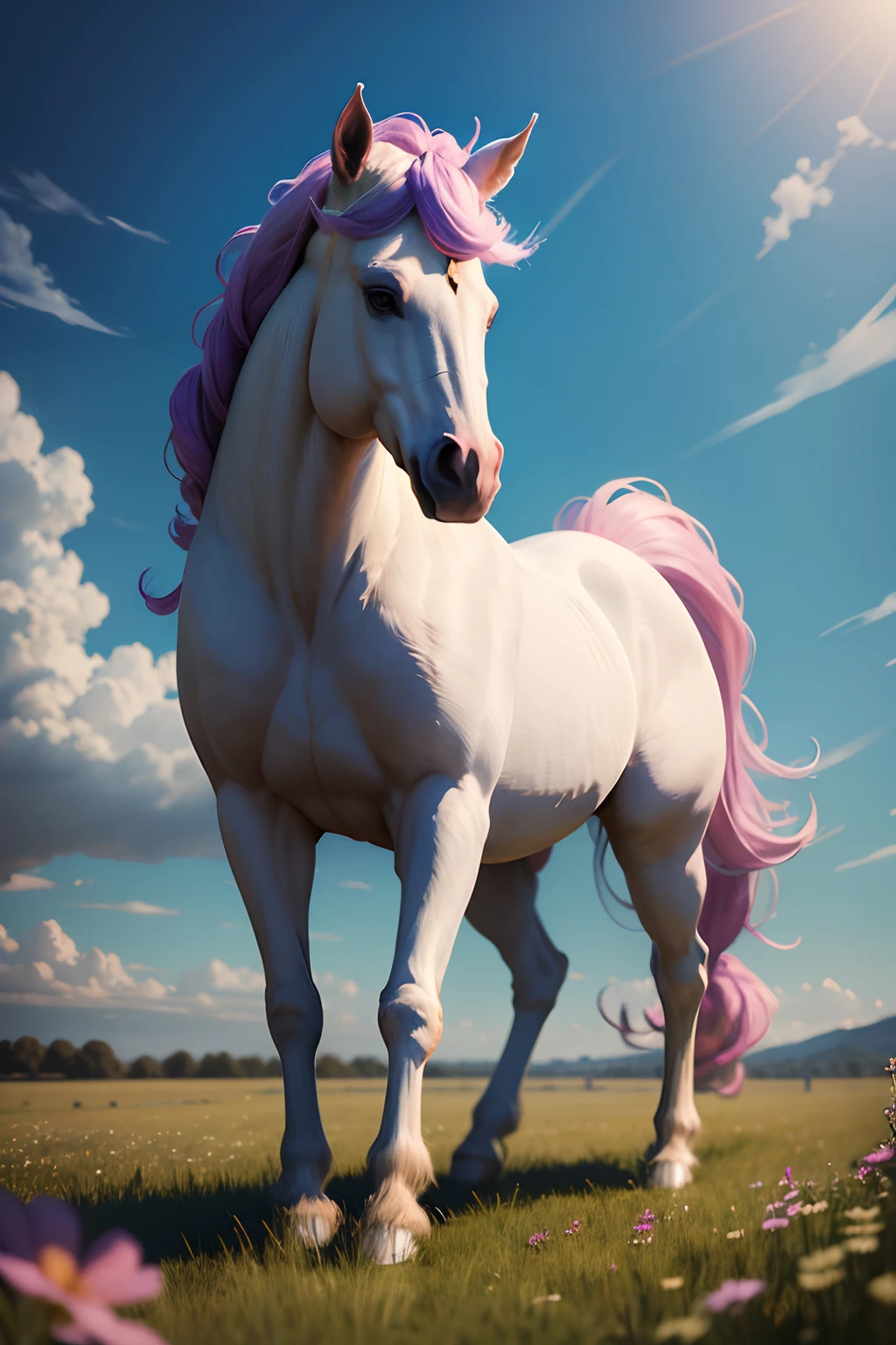 Wise Eyes,horse, unicorn, Mythical animal peacefully walking in a meadow
