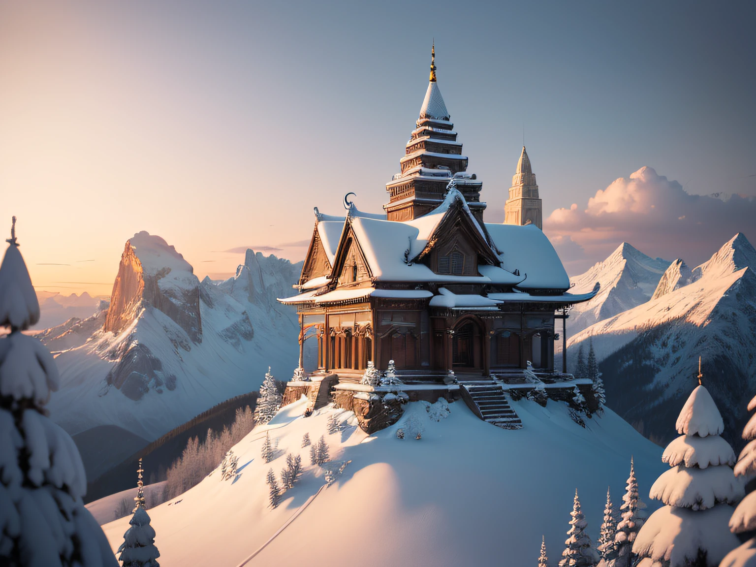 Majestic winter landscape, untouched powdery snow covering a highly detailed, photorealistic mountain with rugged cliffs, and a serene temple perched flawlessly:0.2, an expansive, lifelike view of a (realistic mountain)1.2, meticulously capturing every rocky contour and (crisp snow-covered slopes)1.3, the temple blending seamlessly with its surroundings, showcasing (impeccable architectural realism)1.4, (subtle weathered textures)1.3 on its ancient facade, bathed in the (soft, warm glow of sunset)1.2, (subtle shadows)1.2 and (pristine snowdrifts)1.3 accentuating the temple's beauty, delivering a glitch-free and highly realistic image.