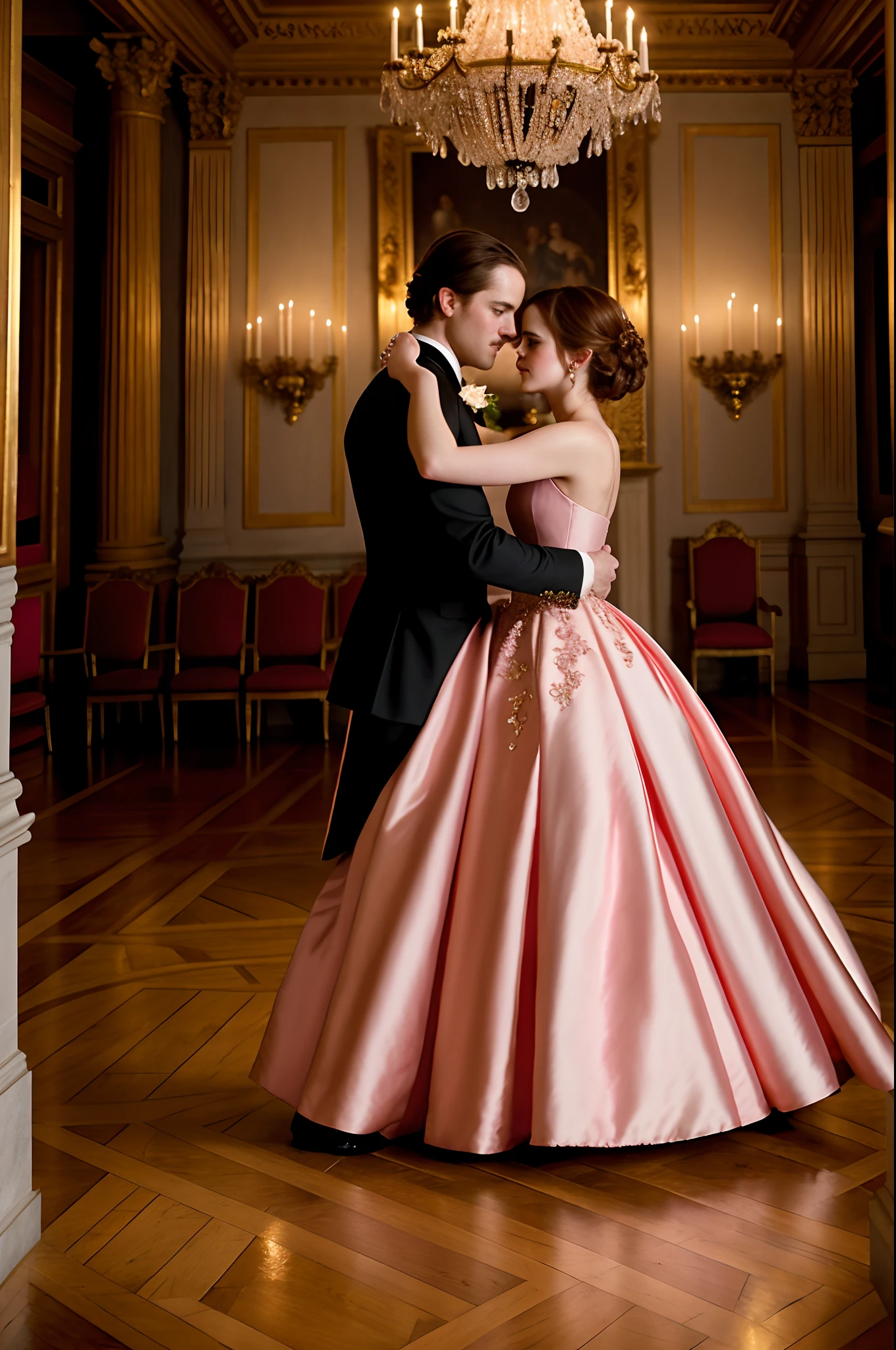 Emma Watson, elegantly dressed in a pink ballroom gown, gracefully waltzing in a grand ballroom filled with masked guests, the soft candlelight casting a romantic glow, recreate this scene in the style of Renaissance masters with rich colors and intricate details, using oil on canvas for a hyper-realistic portrait that exudes classical elegance and timeless beauty.