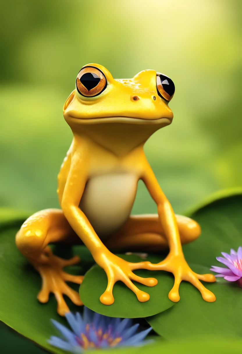 Por favor, create an image of a friendly frog named Firula. Firula is a small, yellow frog, With bright eyes and a friendly smile on his face. He's happily jumping in a natural setting, Near a pond with water lilies and colorful flowers. Certifique-se de que ele esteja retratado com detalhes, Like the spots on their yellow skin and their lovely paws.