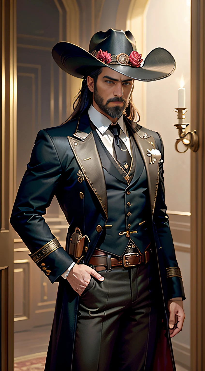 (((Masterpiece))), (((Best quality))), ((Ultra-detailed)),(very detailed CG illustration), ((An extremely detailed face)), (Prise de vue du corps entier), ((ultra realist)), (Steampunk Elements), lighting cinematic, (Large black and red extremely detailed western man outfit, with subtle gold decorations), ( longs cheveux noirs), ( Barbe)，A magnum is pinned to his waist, Holds the Pocker deck of cards, Carte Pocker Bleue, Carte Red Pocker, Carte Pocker jaune, Wearing a black feathered hat adds a touch of flair to her appearance. Il porte un long, Black Duster style coat with subtle refined gold decorations. The coat is adorned with decorative patterns and has a bit of a Western or Old-Western aesthetic. Sous le manteau, He usually wears a formal shirt and vest. La chemise est blanche, and the vest completes the overall color palette of her outfit. Son pantalon est noir, And they came in knee-deep boots. His boots are knee-high and have a somewhat rugged appearance, Adapt to your player persona, Il porte des gants, usually fingerless or with openings to allow card manipulation, Because cards are a central part of his character and abilities, wears a belt with a prominent buckle completes her ensemble, adding to the Western-inspired look, porte un jeu de cartes, And he often uses them in his abilities. Cards are usually stored in a holster-like accessory on one's belt