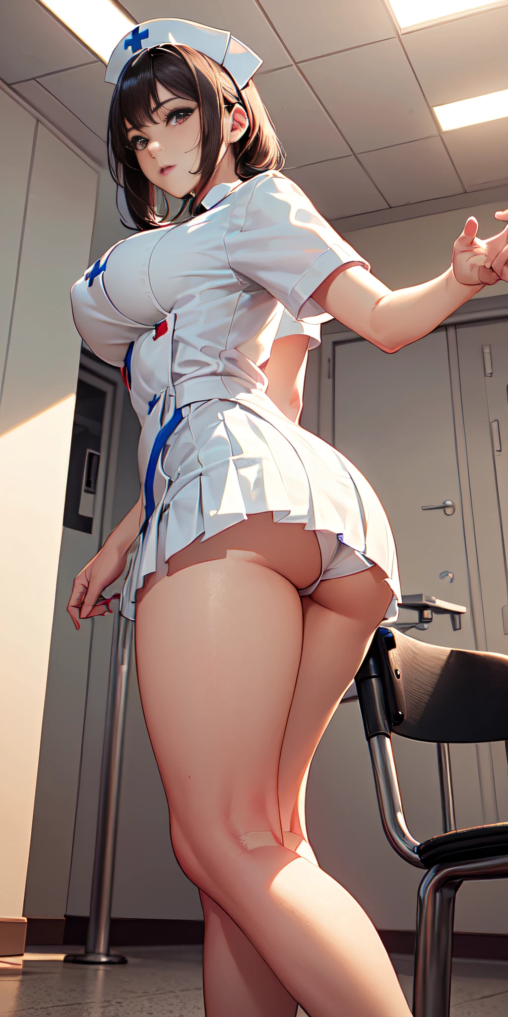 American photo, realistic: full body, perfect image, symmetrical face, (dark brown hair color), messy hair, eyes of the same hair color, slim realistic build, (only 1 slim Hungarian woman ), ((student and (((woman nurse in white uniform with 60% pleated miniskirt, bare thighs and legs))), (wind up))), seductive pose, perfect body, she is in front of a waiting room in a hospital, there is a very strong strong rising wind, intricate details, Pose: sexy rear dynamic, high contrast, Solar side lighting, detailed contrast of light and shadow, Canon eos professional camera with 50mm lens