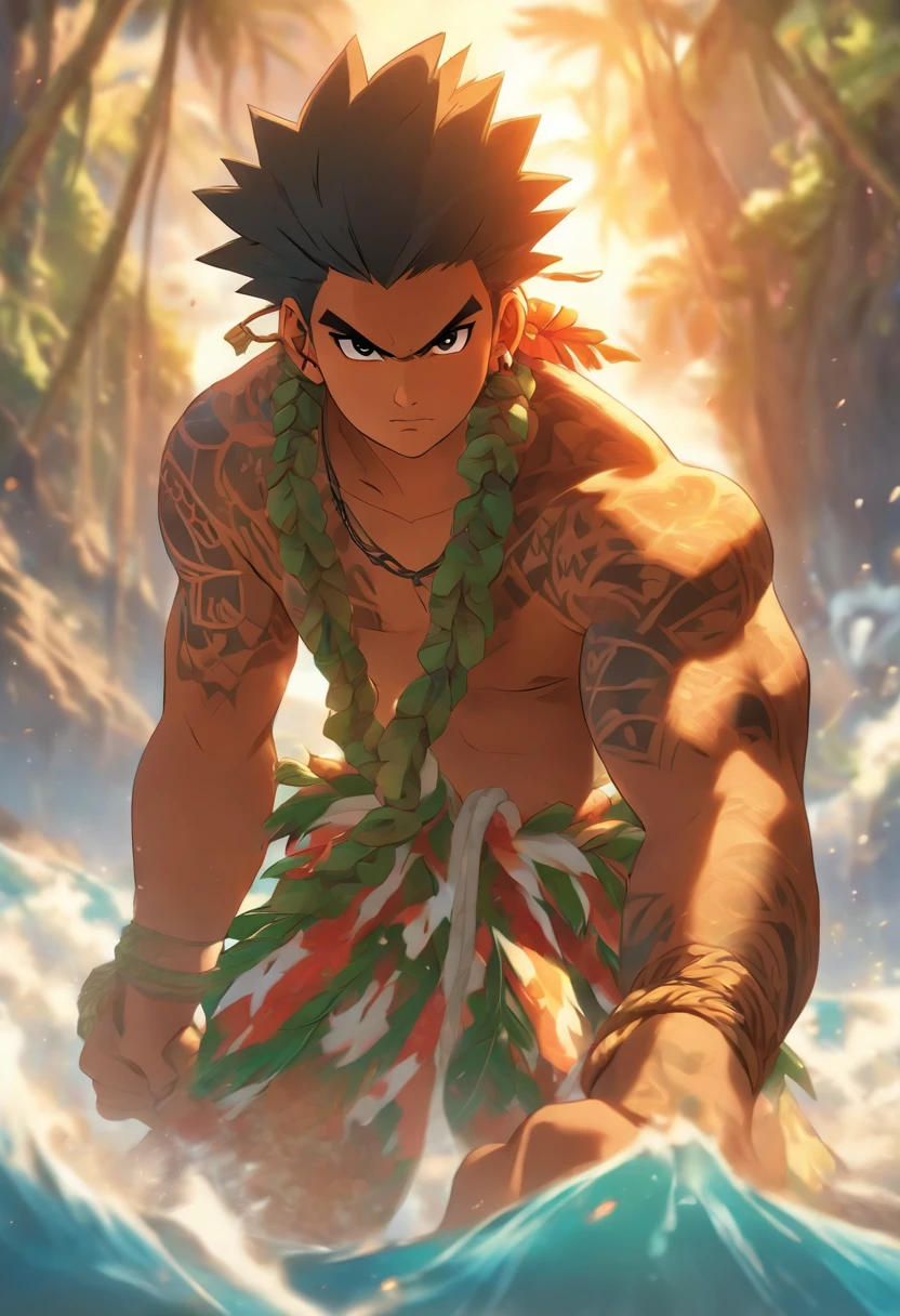 (((Hawaiian pulling a rope)) best quality, ultra-high resolution, 4K detailed CG, masterpiece, Maui, Young man, pulling, hooking, Hawaiian clothing, Maori tattoos, ((close camera)) , Picture style Maori, aesthetic, screen-centric, full body