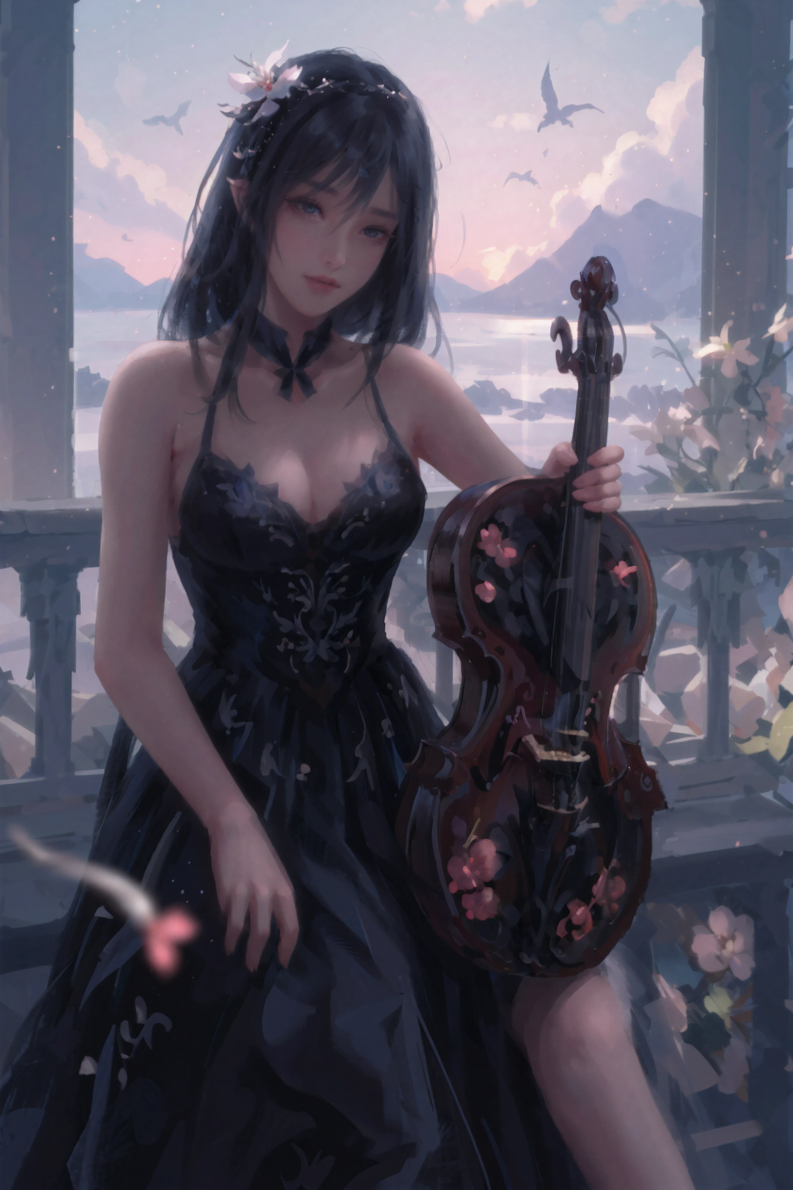 Raw, cinematic shot, (sharp focus:1.5), (photorealistic:1.4), twilight lighting, volumetric lighting, ultra high res, 16K,dramatic lighting, 1girl, solo, long hair, violin, instrument, black eyes, dress, white dress, white hair, looking at viewer, light particles, closed mouth, indoors, jewelry, sleeveless, bare shoulders, bangs, head tilt, black rose, beautiful detailed eyes, detailed background, amanhecer, cloud, flower, sky, scenery, day, grass, outdoors, blue_sky, field, cloudy_sky, horizon, hydrangea, water, ocean, mountain, blue_flower, flower_field, bird, The black bow on the head, qingsha, plyaing violin, harp, sole, foot focus, violin,