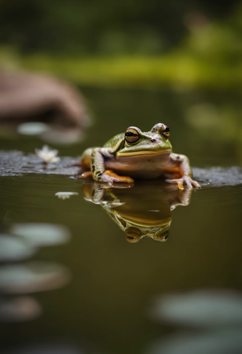Please create a picture of a friendly frog named Firula. Firula is a small, yellow frog with bright eyes and a friendly smile on his face. He is happily jumping in a natural setting, near a pond with water lilies and colorful flowers. Make sure he's portrayed in detail, like the spots on his yellow fur and his adorable paws.