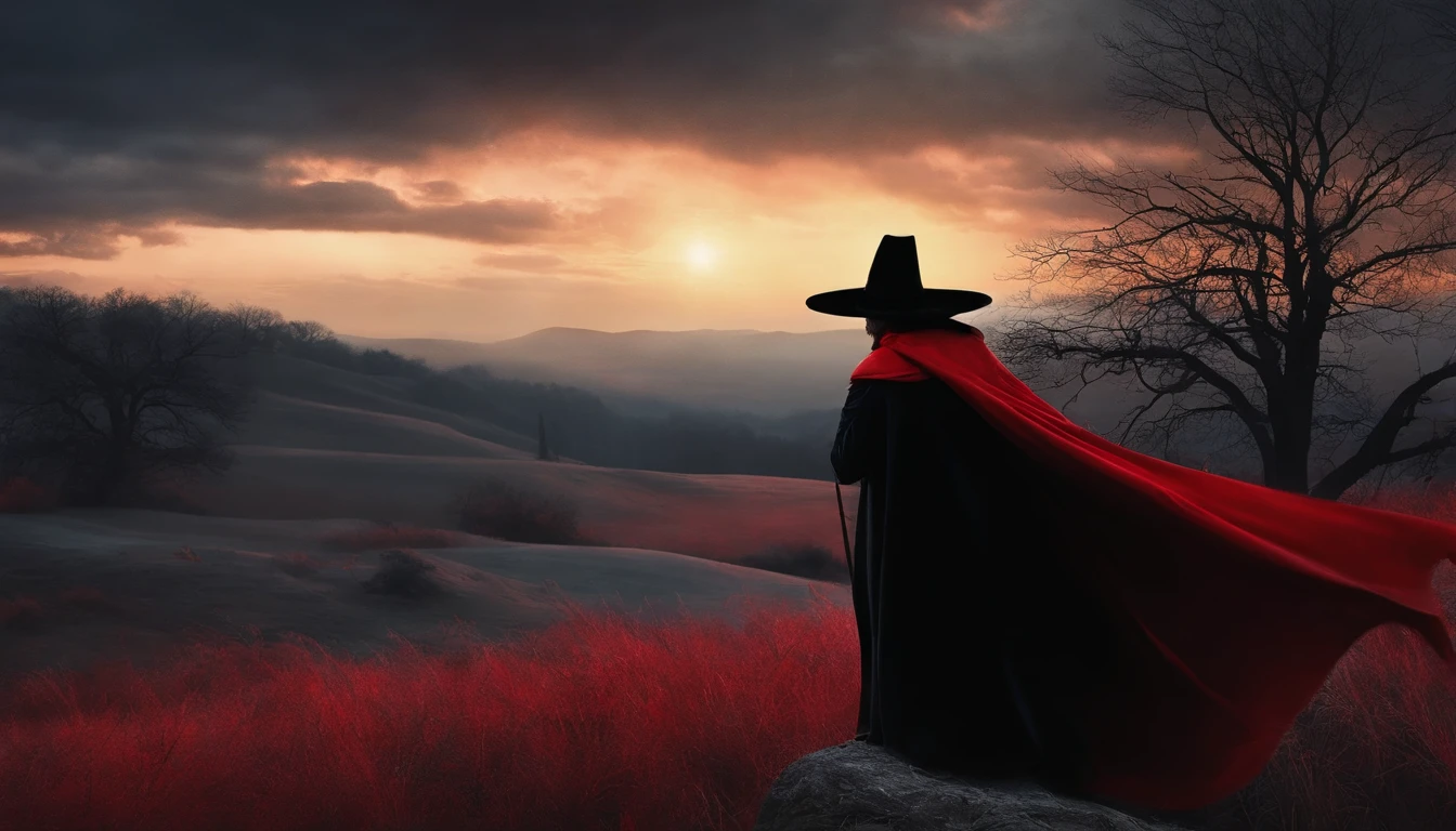 Describe an enigmatic man in a black and red hat, wearing red and black clothes and a black cape, who moves in the night wind. His face has a penetrating look, with strong features, vibrant and mysterious eyes. being in a mystical and mysterious environment under the moonlight and surrounded by crosses.