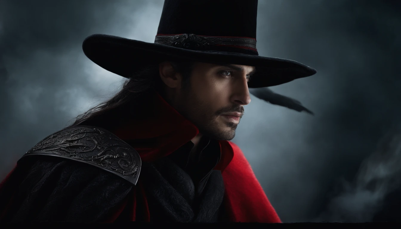 Describe an enigmatic man in a black and red hat, wearing red and black clothes and a black cape, who moves in the night wind. His face has a penetrating look, with strong features, vibrant and mysterious eyes. being in a mystical and mysterious environment under the moonlight and surrounded by crosses.