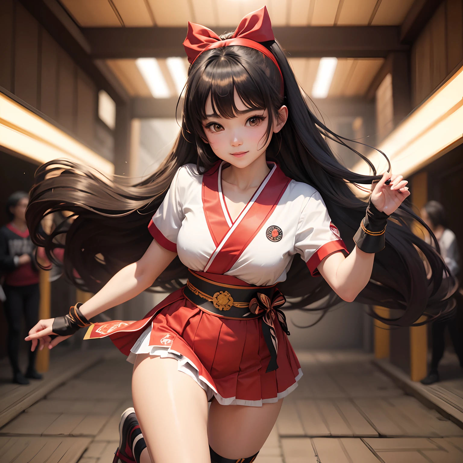 (masterpiece, best quality, ultra-detailed, highres:1.2), cinematic, cgi, photorealistic,
1girl, pretty, idol, (Hakurei Reimu:1.25), blush, natural skin texture, brown eyes,
intricate eyes, heavy eye makeup, posture, fighting, danmaku, magic, stylish clothes, dress,
highly detailed background, cyberpunk, city, street, night, stars, modern, futuristic, neon lights,